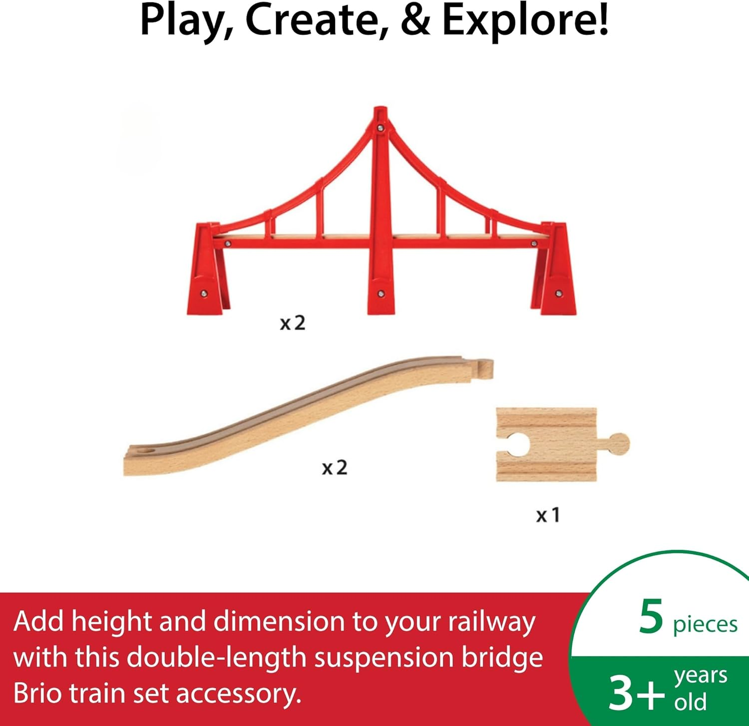 BRIO World 33683 Double Suspension Bridge - Fsc-Certified Wooden Train Track Bridge Compatible with All BRIO Railway Sets, 5-Piece Set for Toddlers Ages 3 & Up image number 2