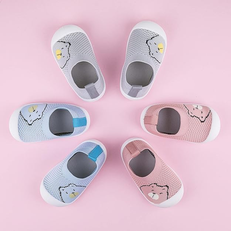 Baby Toddler Sock Shoes Non-Skid Slipper with Rubber Soft Sole Breathable Cotton Walking Shoes for Baby Boys Girls Lightweight Slip-On Sneakers Baby Trainers Indoor Outdoor Grey