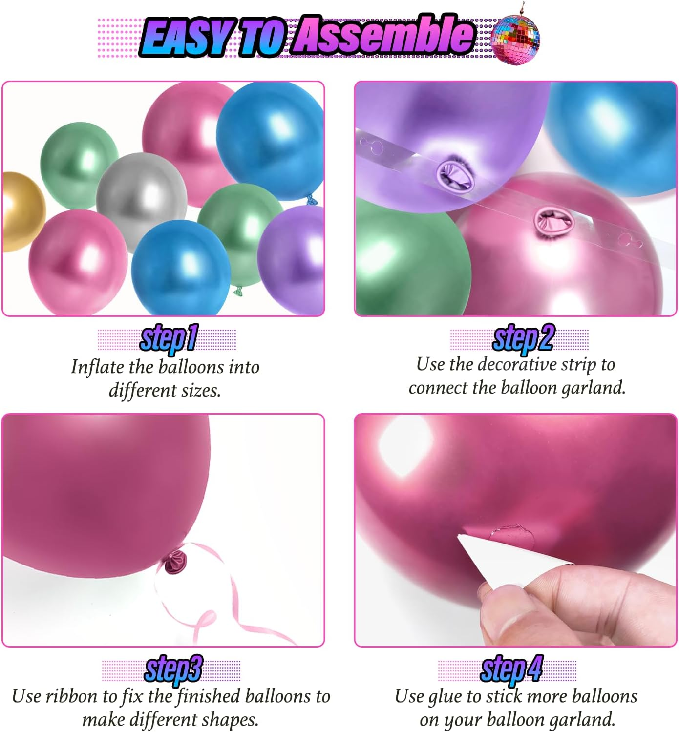 FOTIOMRG 135Pcs Disco Balloon Arch Kit with Disco Ball Balloons Silver Blue Green Purple Hot Pink Gold Metallic Balloons, Starburst Disco Foil Balloons for Birthday 70S 80S 90S Disco Party Decorations image number 3