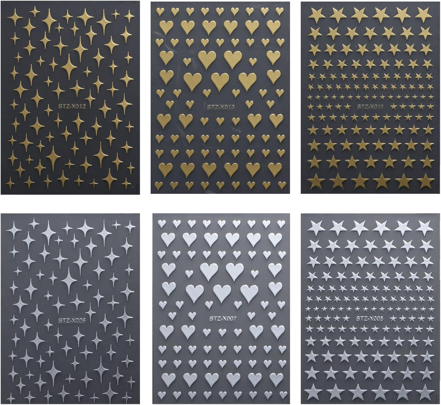 6 Sheets Nail Art Sticker, Self-Adhesive Decals with Glitter, 3D Holographic, Star, and Heart Designs, Nail Supplies for Stunning Nail Art Design and Decoration Accessories (Gold+Silver) image number 1