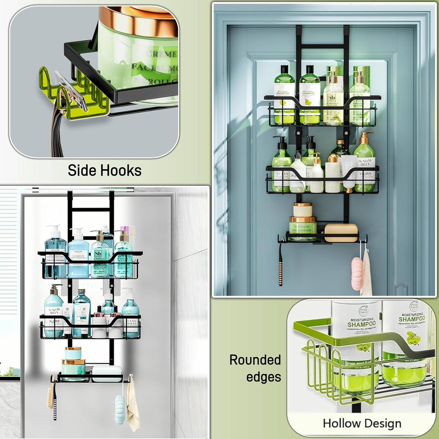 3 Tier over the Door Shower Caddy Hanging Shower Shelf with Soap Holder, Bathroom Hanging Shower Caddy over the Door Hanging Shower Basket with 4 Hooks, Toiletries Organizer for Bathroom Storage image number 5