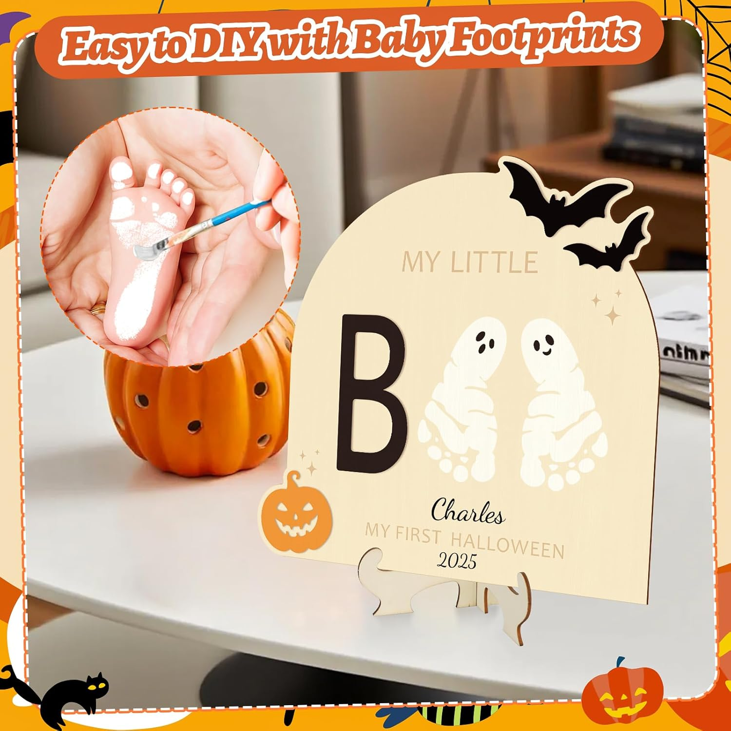 Sereliy Baby'S First Halloween DIY Footprint Art Card, Wooden Little Boo Sign Keepsake Ornaments for Baby Shower Newborn Photoshoot Prop (Boo) image number 5