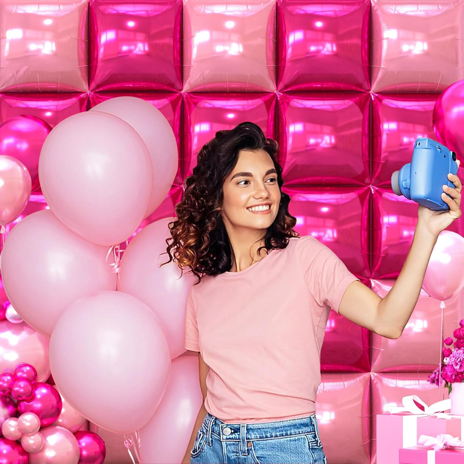 Hot Magenta Pink Square Foil Balloons Wall Backdrop 25PCS Double Sided Metallic Pink Balloons Arch Kit for Girl Anniversary Bachelorette Birthday Engagement Bridal Baby Shower Party Decorations image number 3