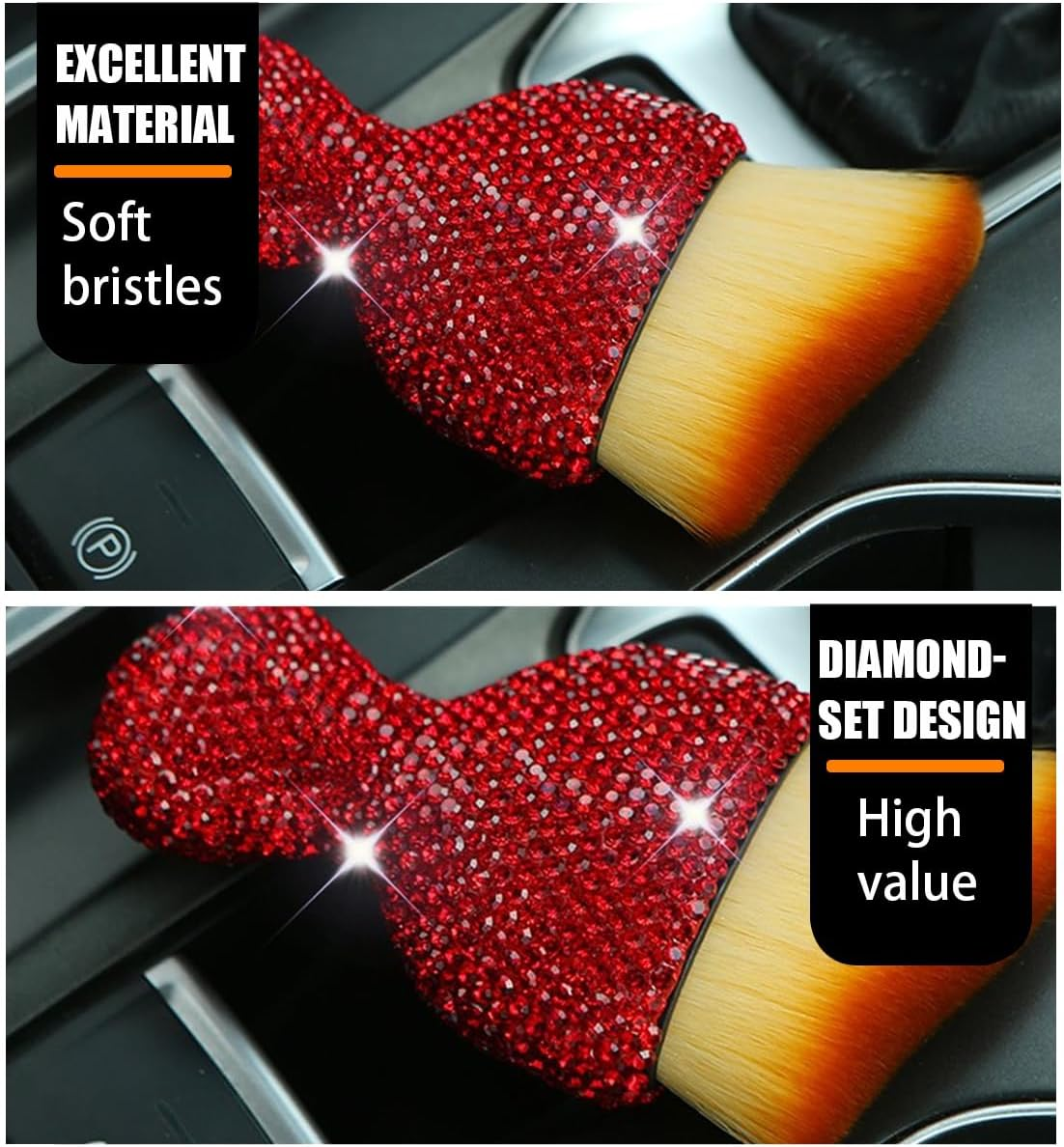 Zipelo Auto Interior Dust Brush, Car Detailing Cleaning Brush with Diamond, Bling Handle Soft Bristles Dusting Tool, Scratch Free Dirt Clean Brushes for Vehicle Dashboard, Air Conditioner Vent (Red) - Black image number 7