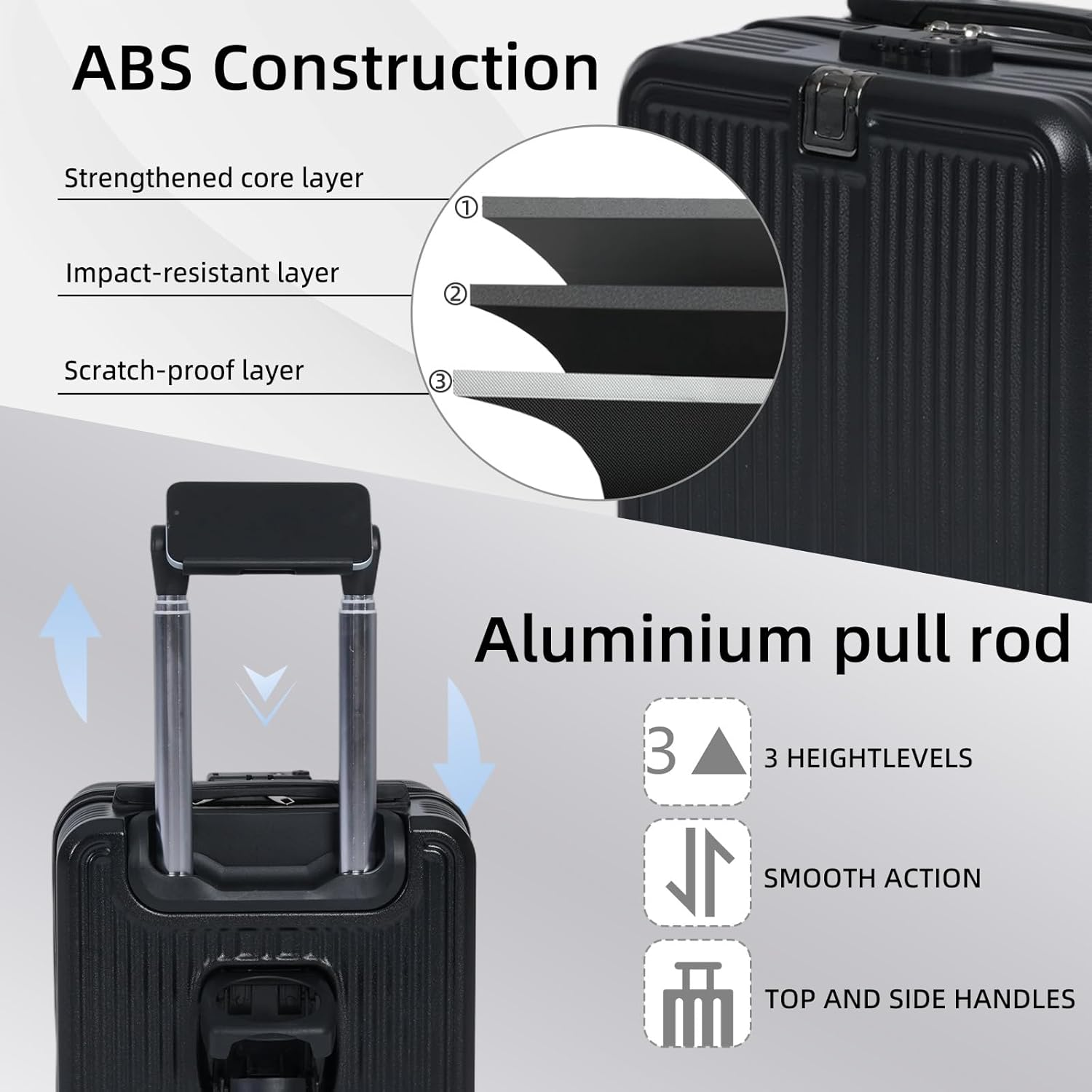 Yodolla 14" Carry-On Suitcase, Hard Shell Luggage with Phone Holder & Cup Holder, 25L Capacity, TSA Approved Lock, 360&deg; Spinner Wheels, Lightweight ABS, Perfect for Domestic Travel, Black image number 6