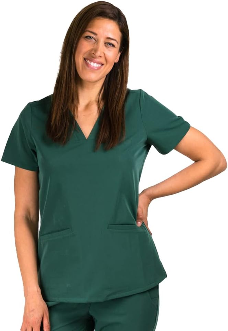 Dr. Woof Apparel Scrub Top for Women - 3 Pocket V-Neck Surgical Scrubs Tops - Short Sleeve Stretch Medical & Nursing Uniform Top for Ladies
