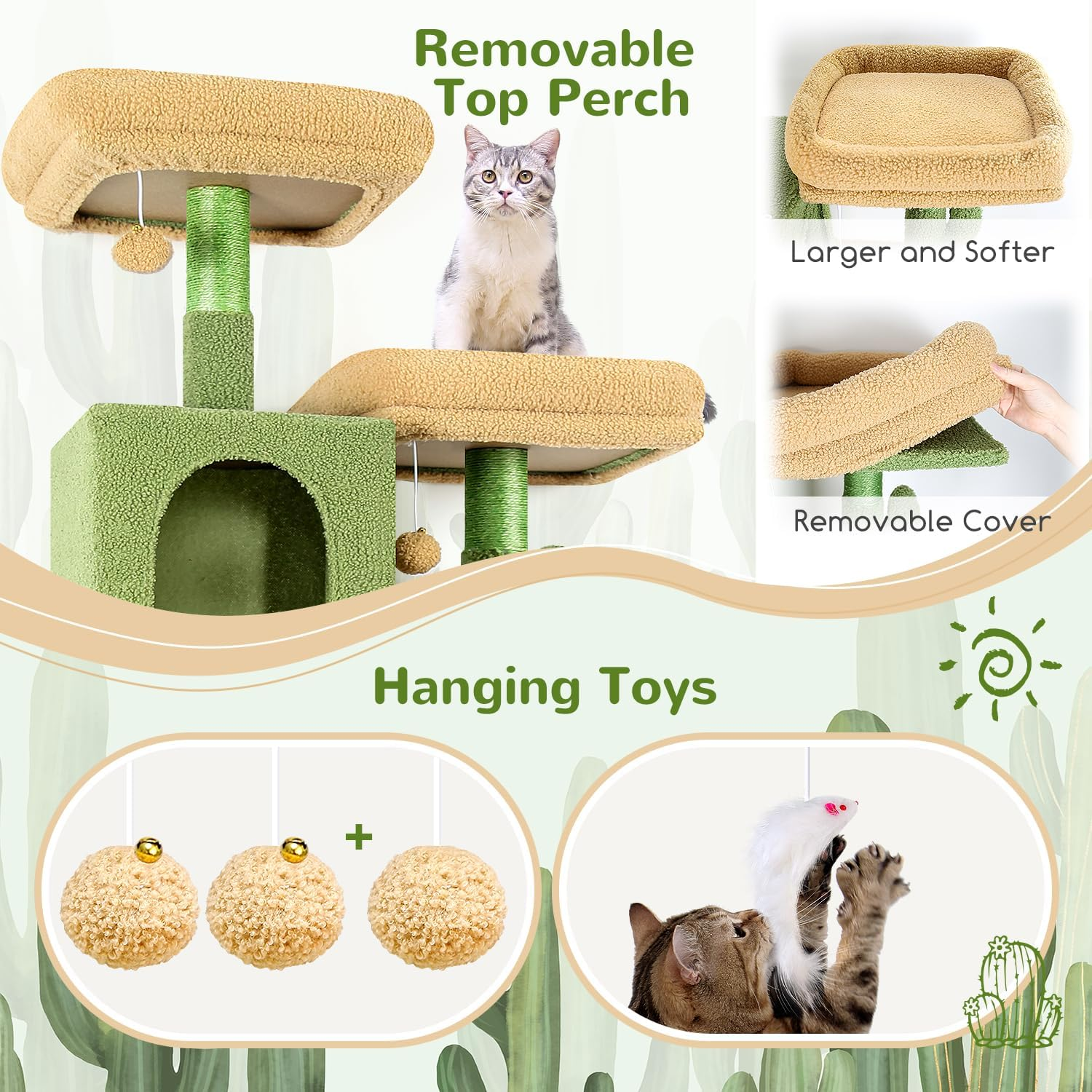 Globlazer F76 Cactus Cat Tree Tower 76-Inch Extra Tall Multi-Level Cat Furniture with Cozy Condos,Interactive Toys and Perches for Large Cats, Perfect for Climbing, Scratching, and Play, Green image number 6