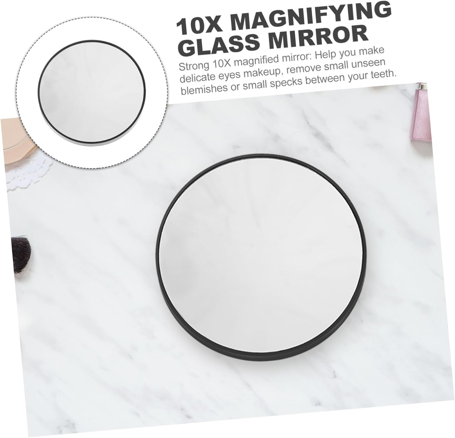 Healeved 8.8Cm 10X Magnification Makeup Mirror with Suction Cups Small round Portable Cosmetic Mirror for Bathroom or Bedroom Easy Carry Black image number 1