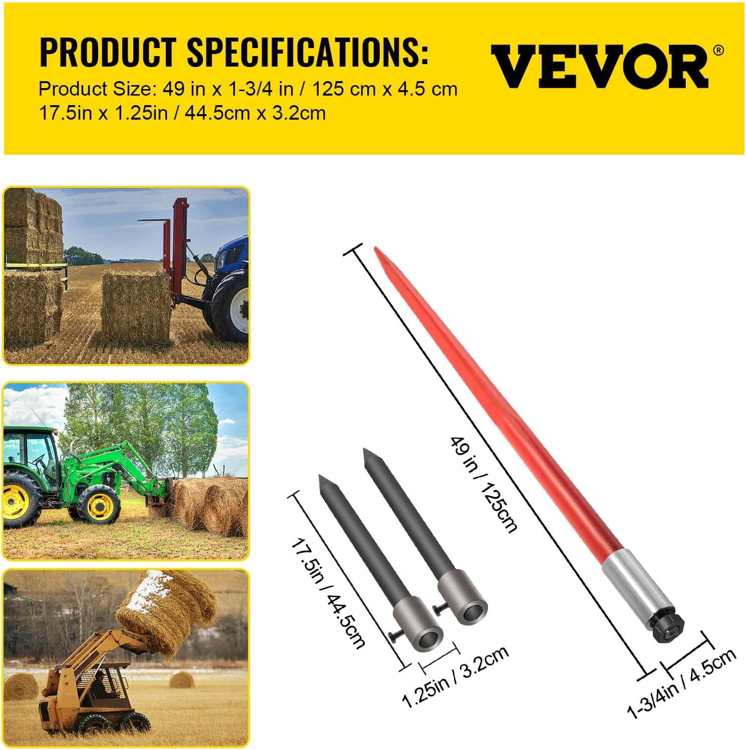 VEVOR Hay Spear 49" Bale Spear 3000 Lbs Capacity, Bale Spike Quick Attach Square Hay Bale Spears, Red Coated Bale Forks, Bale Hay Spike with 2 Stabilizer Spears image number 5