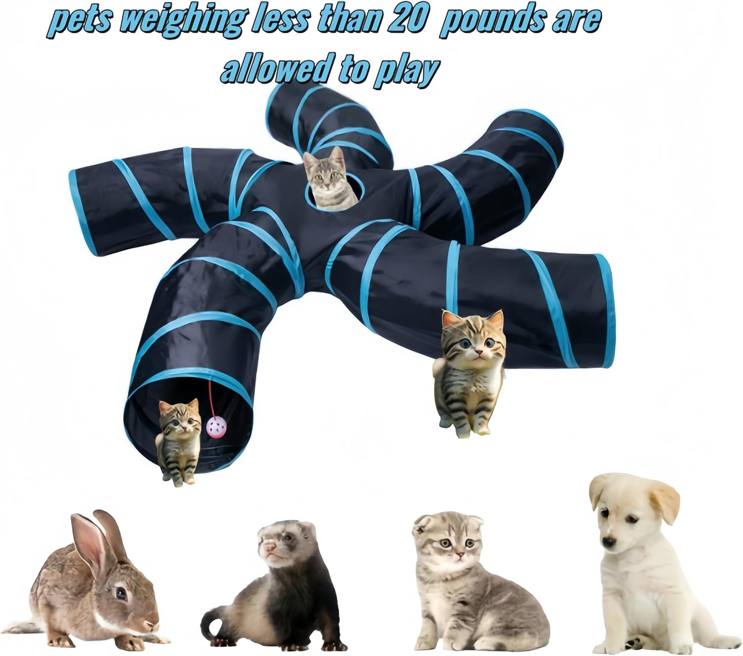 ELECLAND Cat Tunnel for Indoor Cats Large, with Play Ball S-Shape 5 Way Collapsible Interactive Peek Hole Pet Tube Toys, Puppy, Kitty, Kitten, Rabbit (Blue & Black)