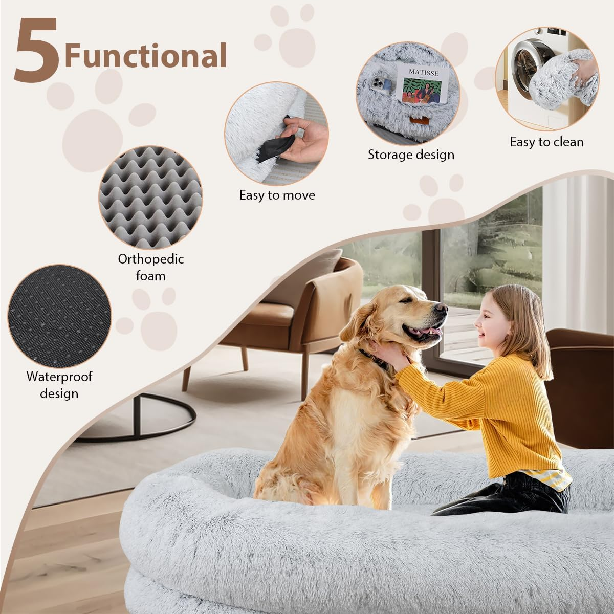 Anshine Human Dog Bed, 180X110X25 Cm Dog Bed for You and Pets, with Memory Foam, Plump Pillow, Blanket, Washable Faux Fur Dog Bed for People Doze Off, Napping Orthopedic Dog Bed - Grey image number 1