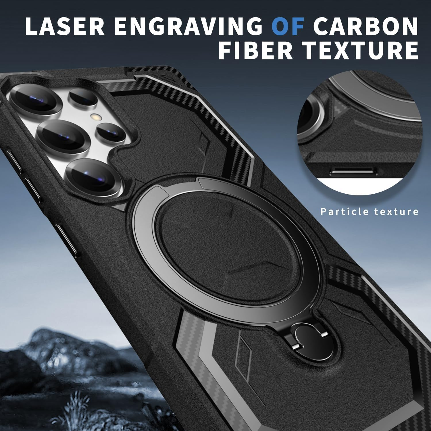 Asuwish Phone Case for Samsung Galaxy S24 Ultra 5G with Tempered Glass Screen Protector Cover and Magnetic Ring Holder Stand Cell Accessories S24Ultra 24S S 24 24Ultra Women Men Carbon Fiber Black image number 5