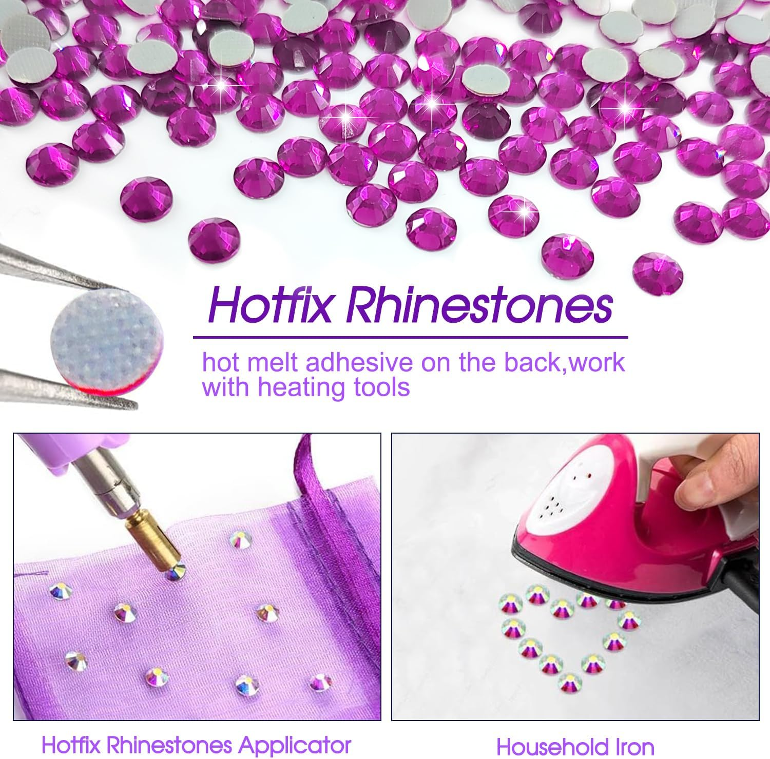 Liliume 5000 X Hotfix Rhinestones, Light Violet Rhinestones, 21 Colours, 5 Sizes, 2 Mm, 3 Mm, 4 Mm, 4.8 Mm, Rhinestone Glass, round Rhinestones for Clothes, Shoes and DIY Crafts (Purshcia) - Gold-Coloured image number 7