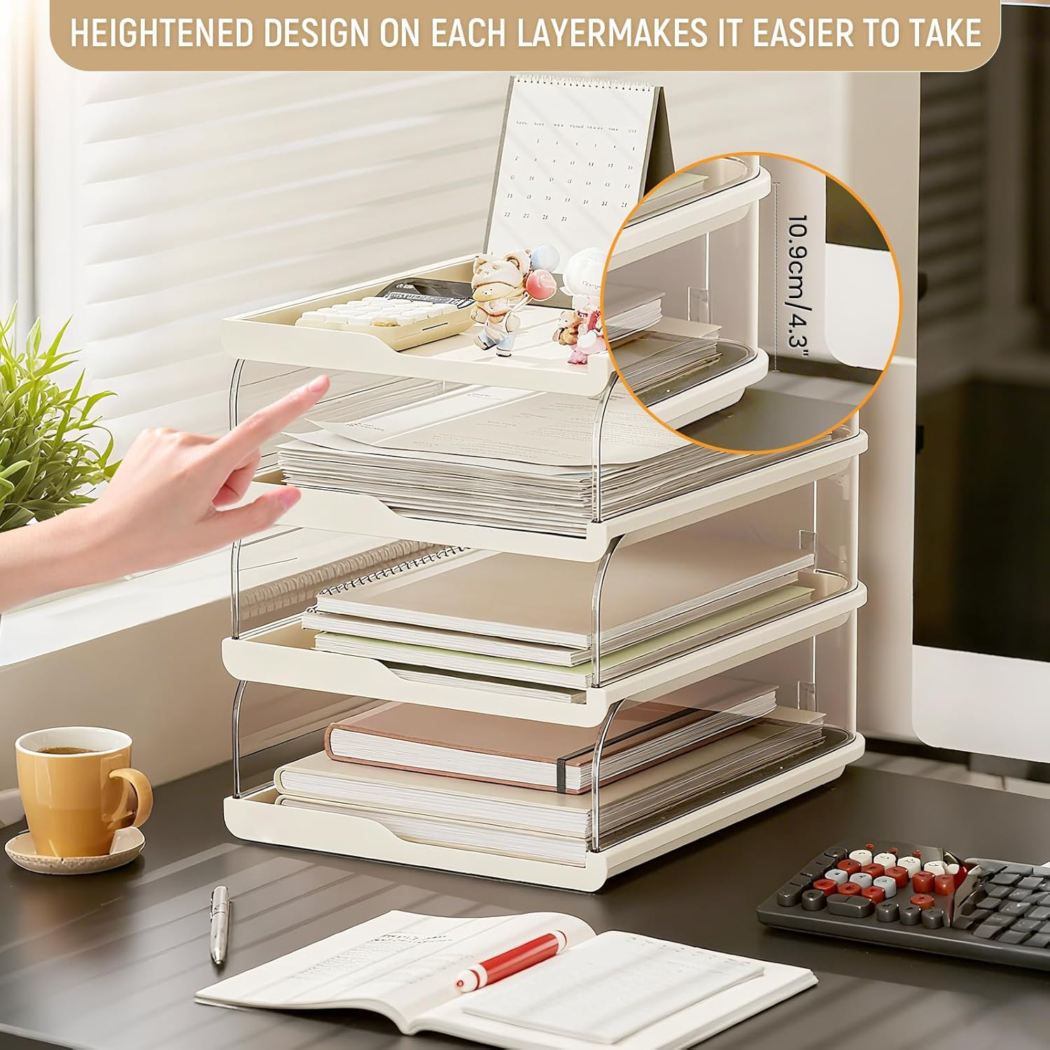Desk Organiser and Storage, 4-Tier Paper Letter Tray Organiser, Stackable Clear Desktop Organiser, Storage Compartments, Stackable Order for Documents, Paper, Book Magazine, Office Supplies image number 4