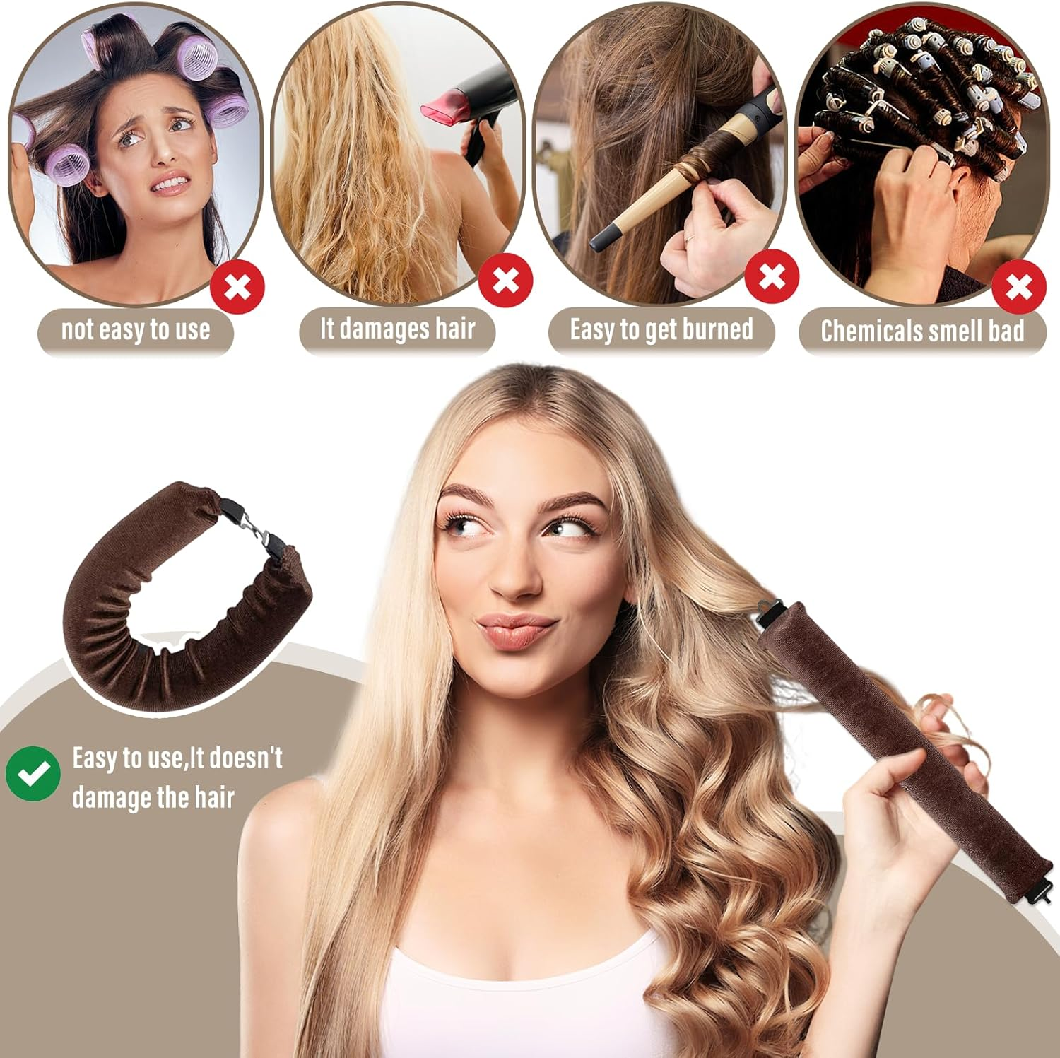 Pack of 3 Heatless Curls Band, Heat-Free Curlers, Curls without Heat, Hair Curler Hair Curling Band Curls Overnight for All Hair Types, Brown image number 5