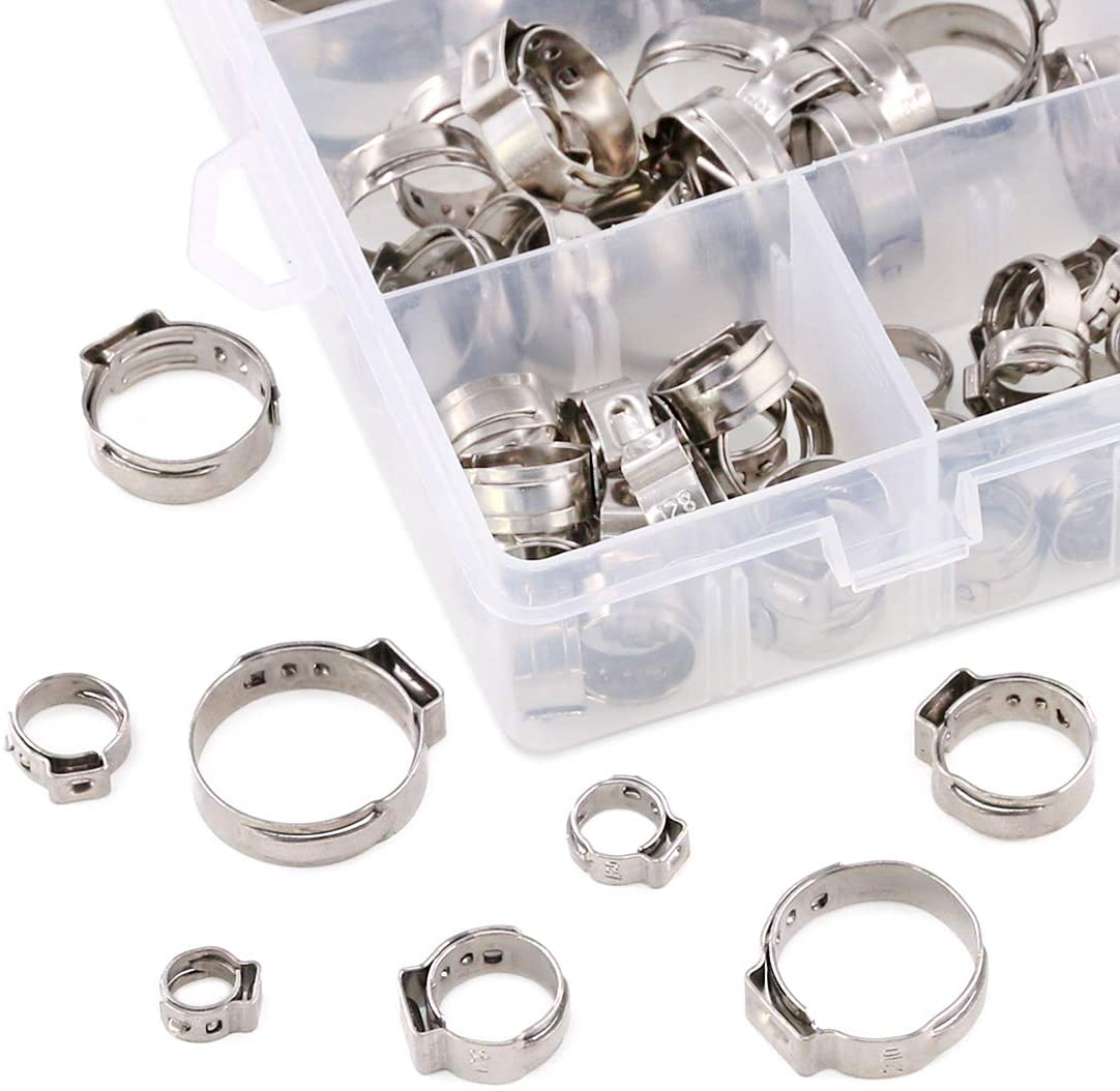 Swpeet 120Pcs 8 Sizes 304 Stainless Steel Single Ear Hose Clamps, Crimp Hose Clamp Assortment Kit Ear Cinch Rings Crimp Pinch Fitting Tools Perfect for Automotive, Home Appliance Line image number 3