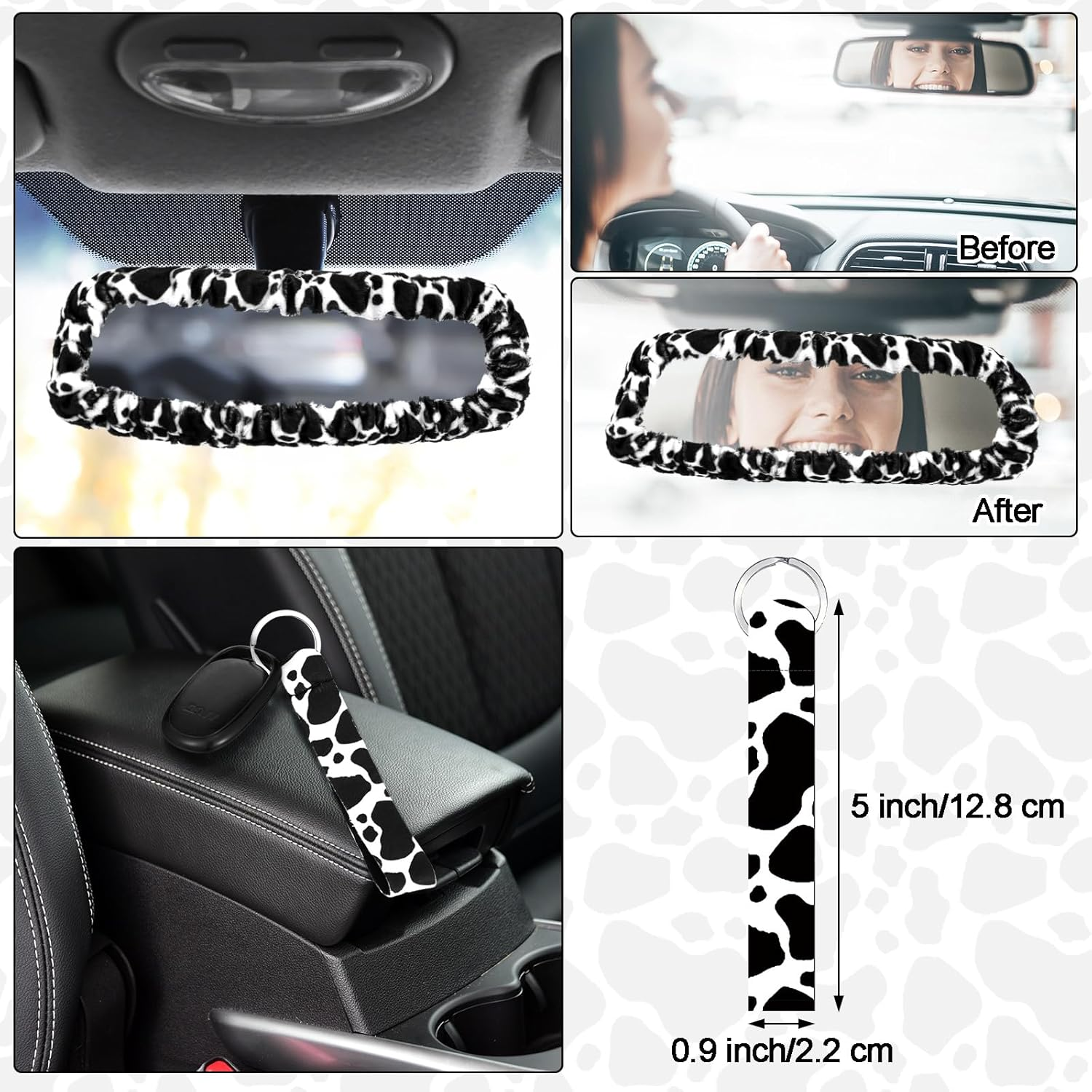 Datanly 16Pcs Cow Print Car Seat Cover Full Set for Women Men Car Seat Accessories Protector Steering Wheel Armrest Pad Belt Pads Mirror Cover for Most Sedan SUV Van (White, Black) image number 2