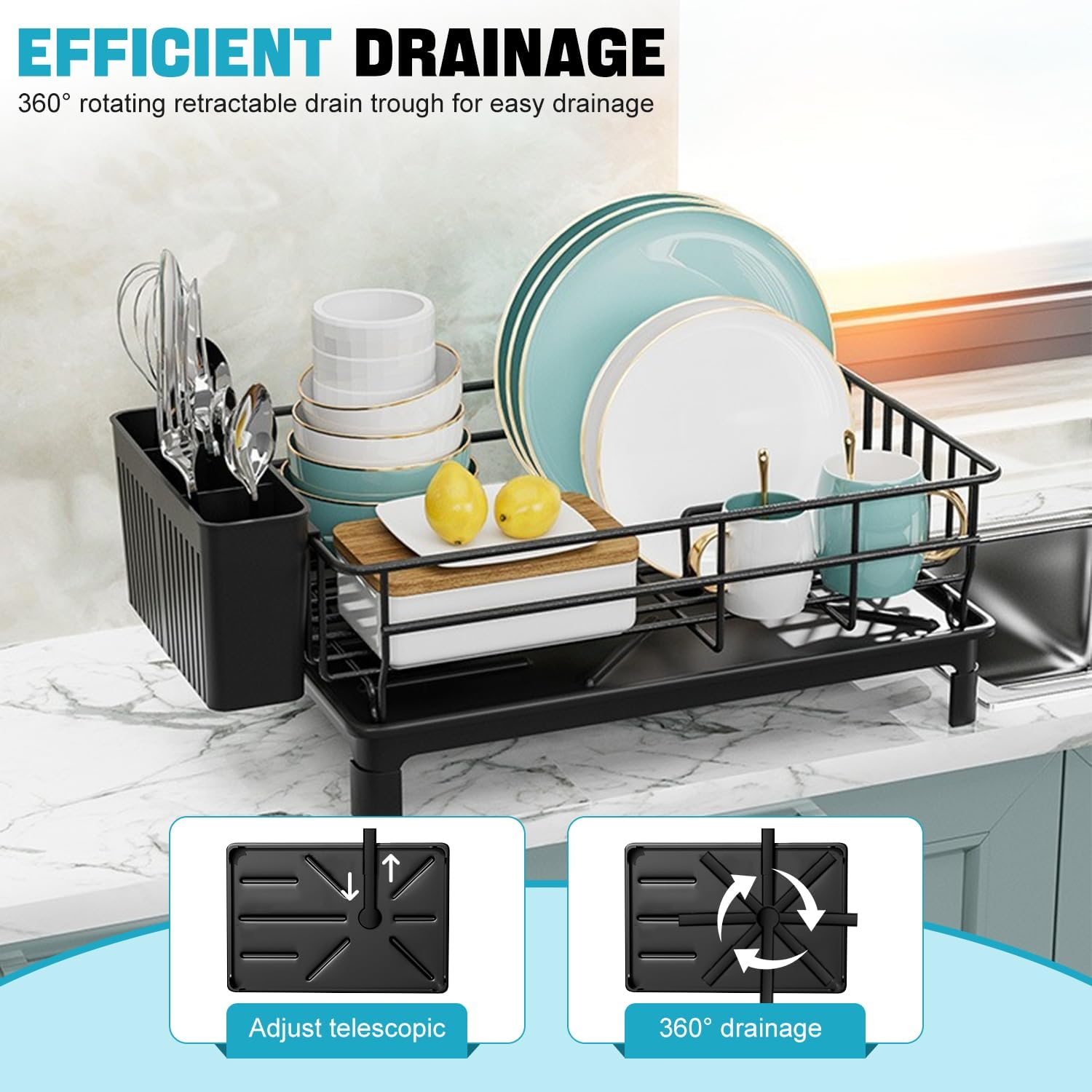 Dish Drying Rack, Dish Racks with Drain Board and 360&deg; Rotating Nozzle for Kitchen Counter Sink Carbon Steel Rustproof, Strong Carbon Steel Dish Drainer for Kitchen Storage & Organisation (Black) image number 2
