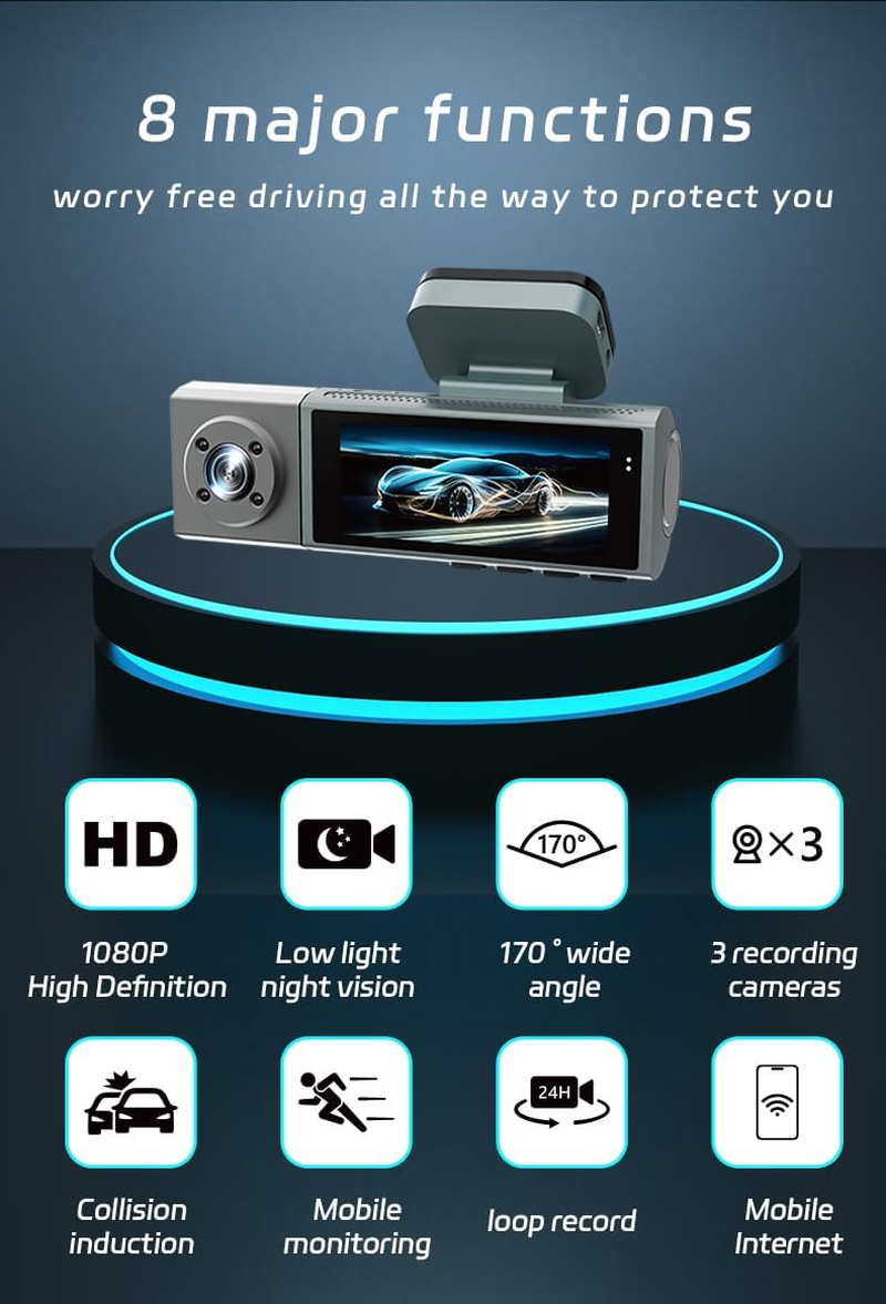 3 Channel Dash Cam Front and Rear inside for Cars, Full UHD Car Camera Front Rear with 32GB Card, Car Camera with IR Night Vision, 170&deg;Wide Angle, G-Sensor, 24H Recording, Loop Recording image number 1