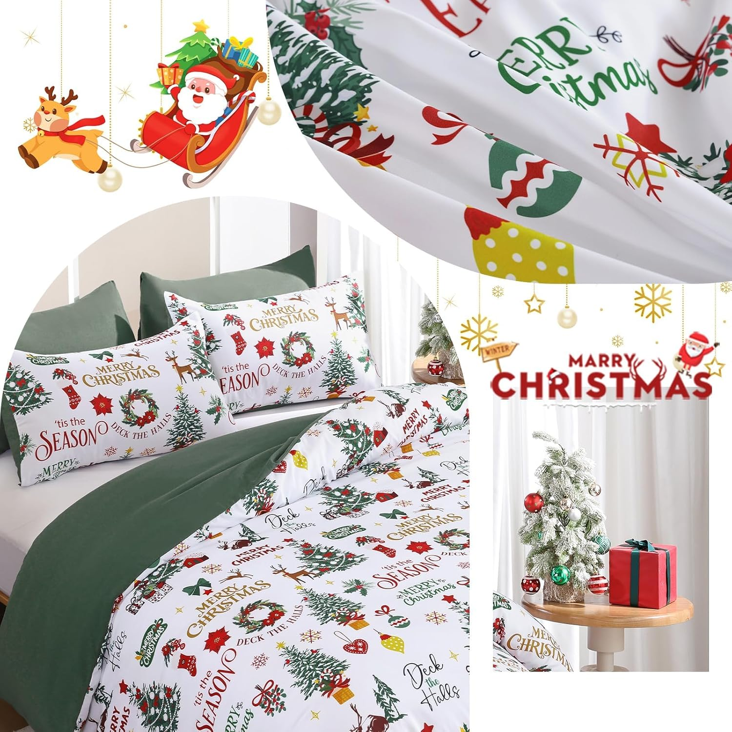 Christmas Duvet Cover Set Queen Wreath Christmas Tree Poinsettia Bedding Set, 3 Piece Soft Microfiber Rustic Green White Winter Holiday Duvet Cover Festival Decor (Zipper Closure,90''X90'') image number 2