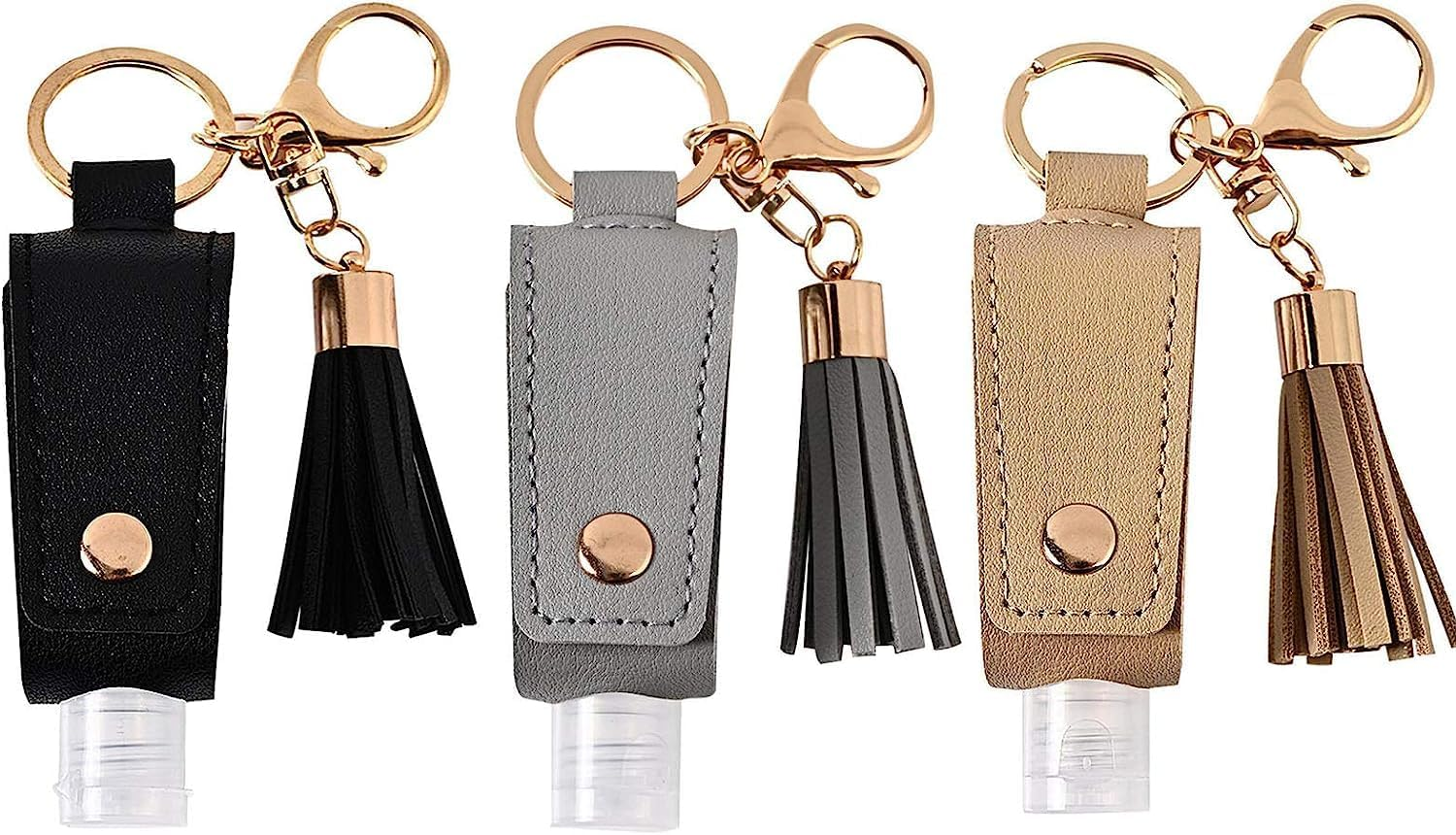 Portable Empty Travel Bottle Keychain Hand Sanitizer Bottle Holder 3 Pack 1Oz / 30Ml Small Squeeze Bottle Refillable Containers for Toiletry Shampoo Lotion Soap (Black+Grey+Khaki) image number 3