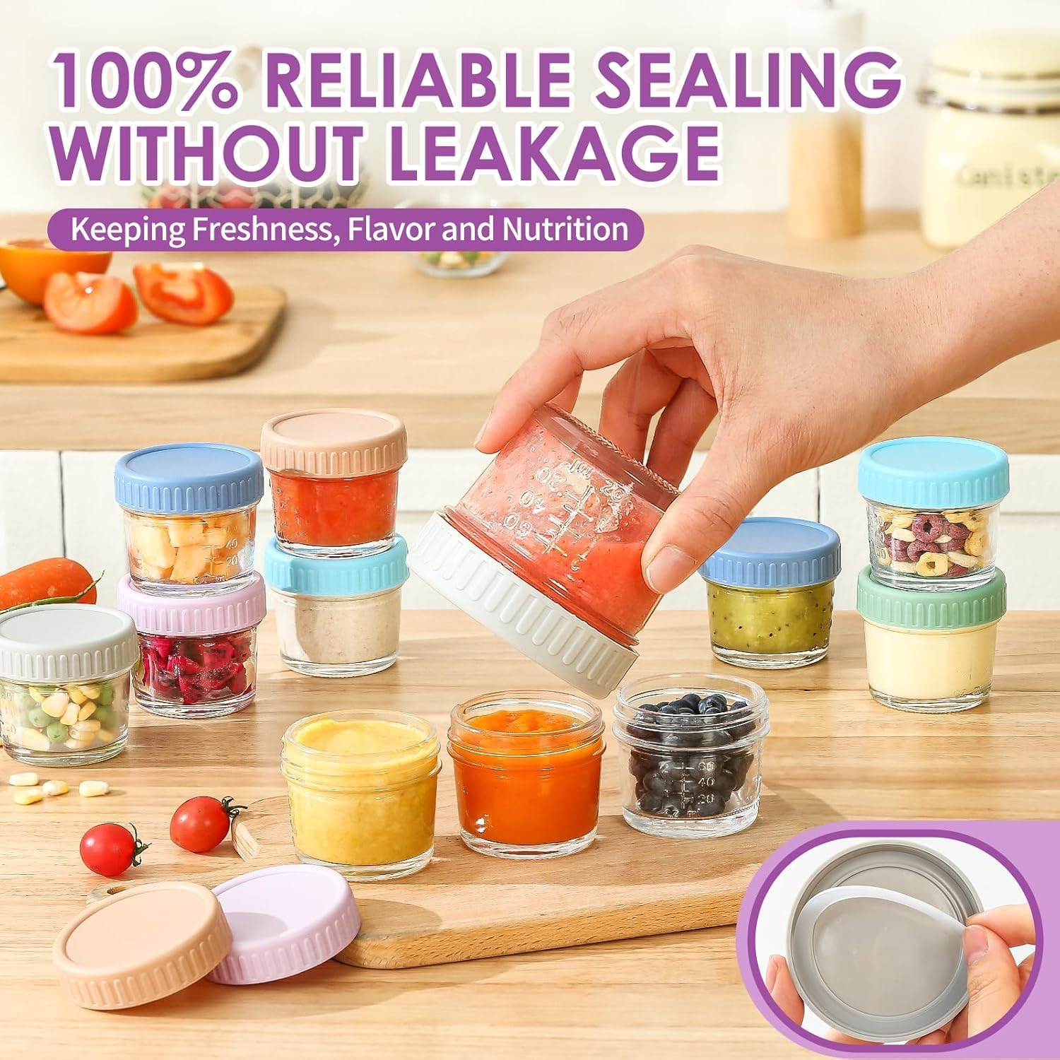 Yunking Glass Baby Food Storage Containers - 4 Oz Baby Food Jars with Lids Baby Food Maker Microwave Dishwasher Freezer Safe 100% Leak Proof BPA Free Reusable (12Pcs) image number 2