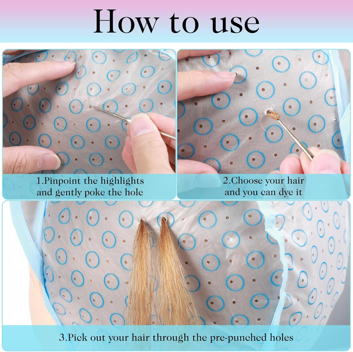 Oruola 3Pcs Highlight Caps for Hair,Highlight Cap Kit,Highlight Cap with 3 Metal Hook and 2 Hair Dye Comb & Brush for Salon Hair Dyeing Hairdressing and DIY Dyeing Hair,Highlighting Cap Blue image number 6