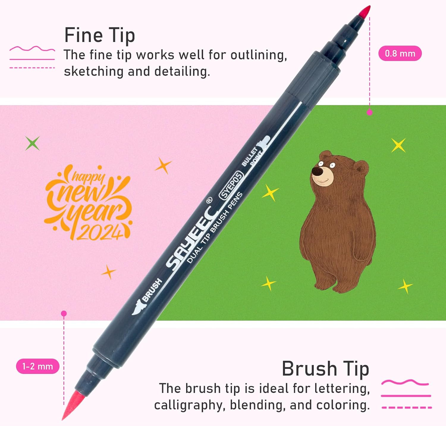 SAYEEC Watercolor Dual Brush Pens 24 Colors Art Coloring Markers Fine and Brush Tip Drawing Pens Artist Colored Markers for Adult Coloring Books Doodling Bullet Journaling Hand Lettering Calligraphy - 36 Pack image number 4