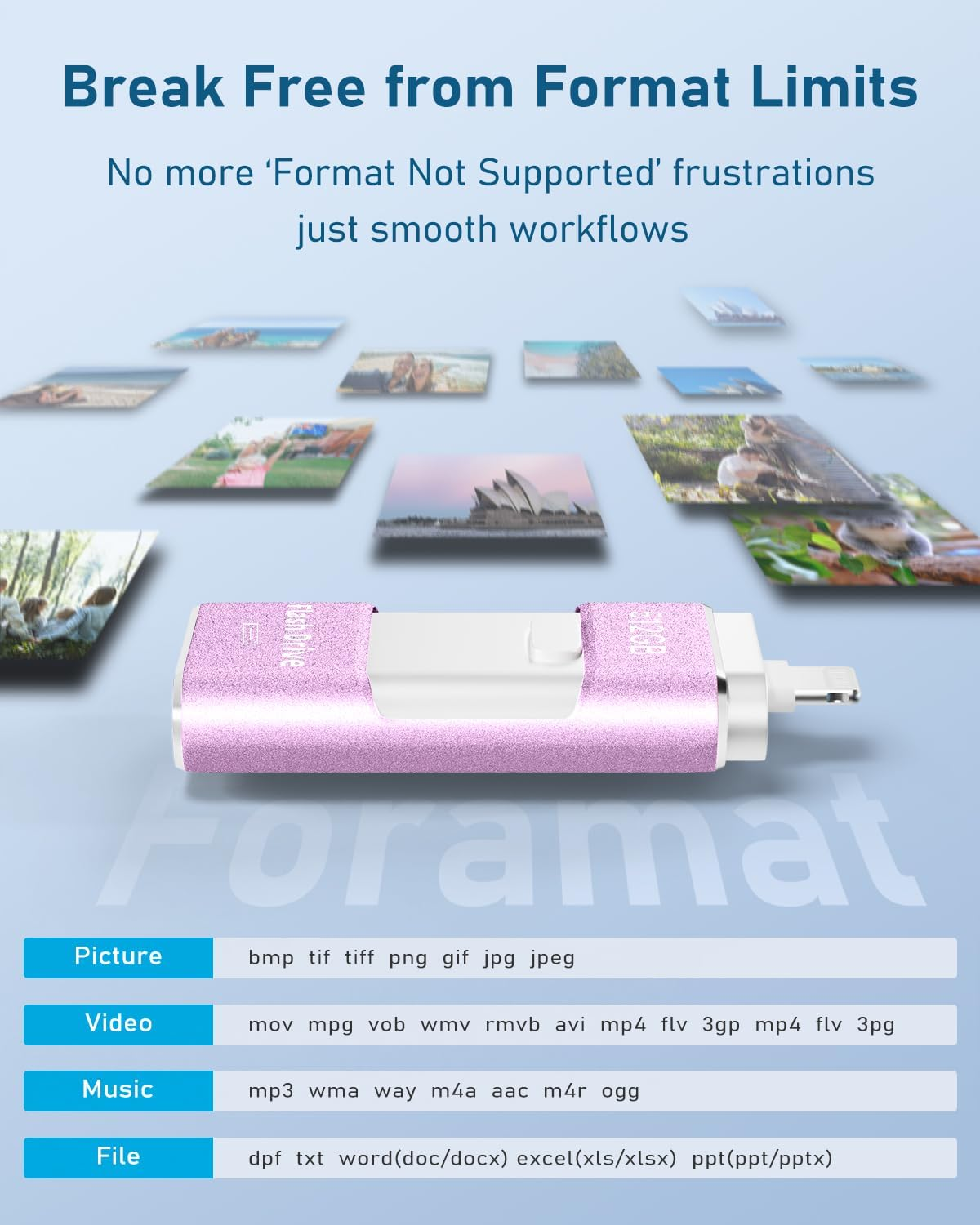 512GB 4In1 USB Flash Drive for Phone, No App Needed,Photo Stick, USB 3.0 Memory Stick for Data Storage, Compatible with Phone,Pad,Android and PC, Includes USB-C Cable, Adapter & Lanyard (Purple) - Gold image number 2