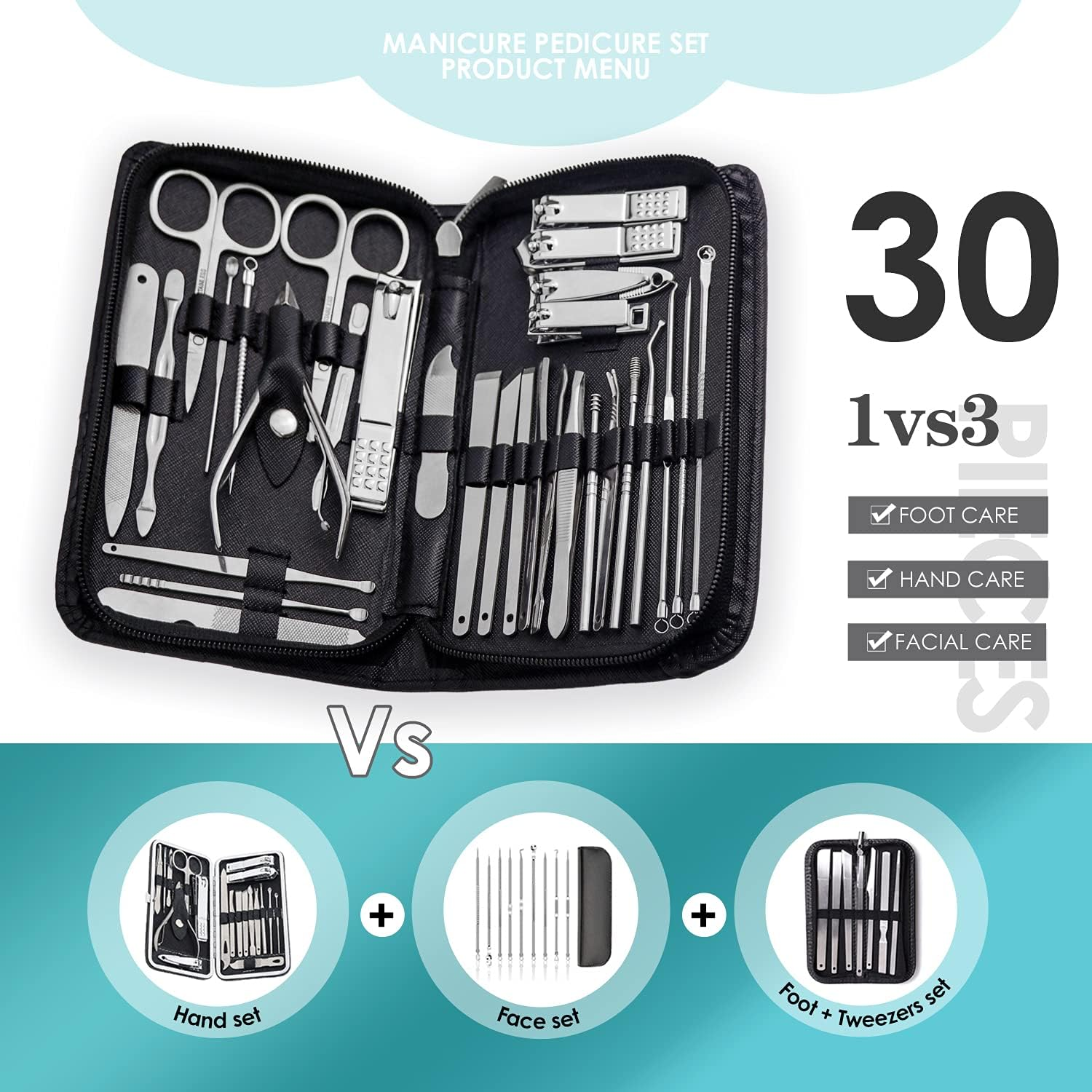 WOAMA Manicure Set 30 in 1 Nail Clipper Set Nail Kit for Women Men Stainless Steel Manicure Kit Professional with Travel Case - Blue image number 3