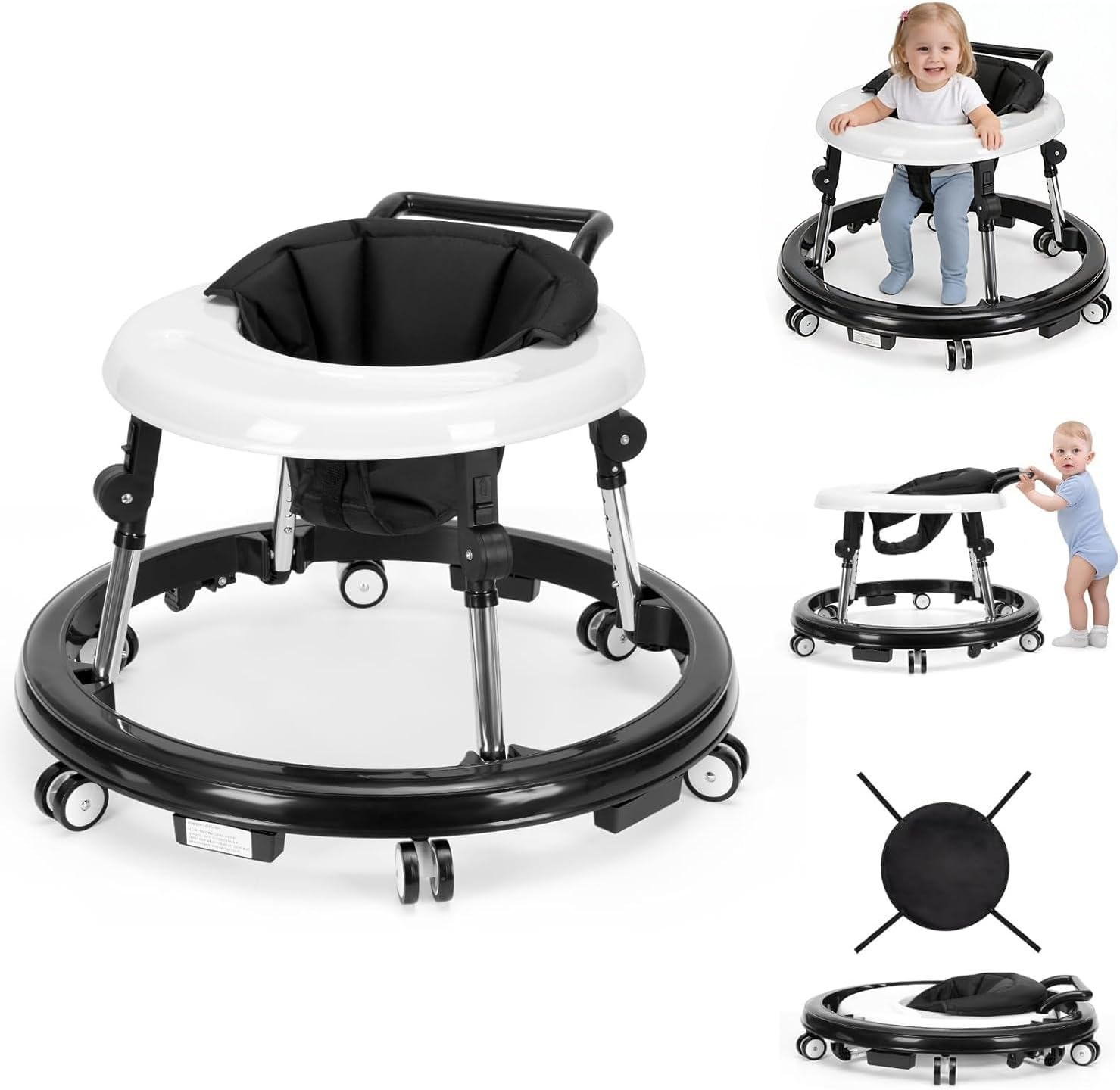 Baby Walker with Wheels Foldable, Portable Baby Walker with 9 Adjustable Heights, Infant Toddler Walker for Baby Boy Girls 6-18 Months (Pink)