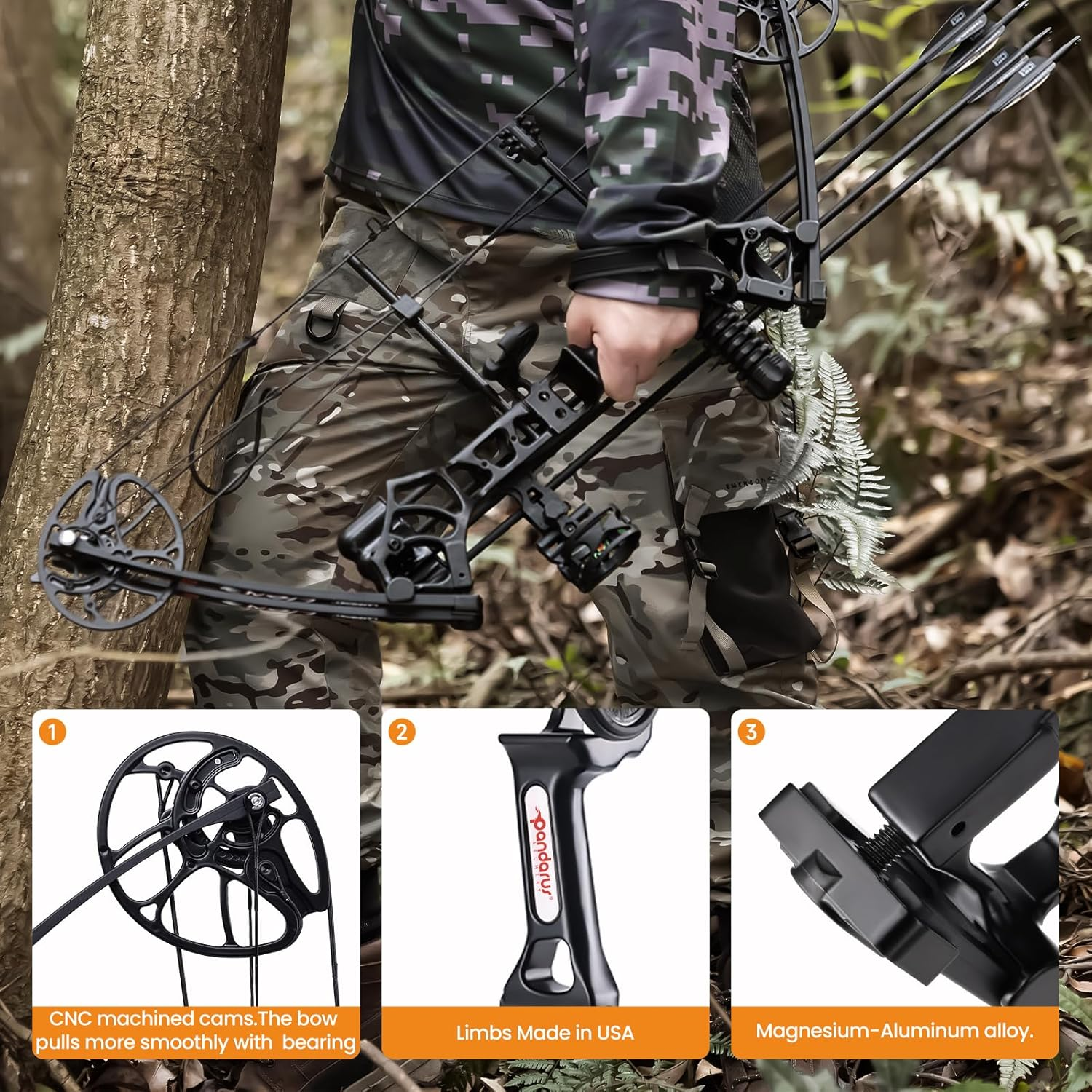 PANDARUS Archery Ready to Hunt Compound Bow Package for Adults and Teens,25"-31" Draw Length,0-70 Lbs Draw Weight Adjustable,Up to 320 Fps,Made in Usa,Lightweight Design New Bow - Black Right Handed image number 7