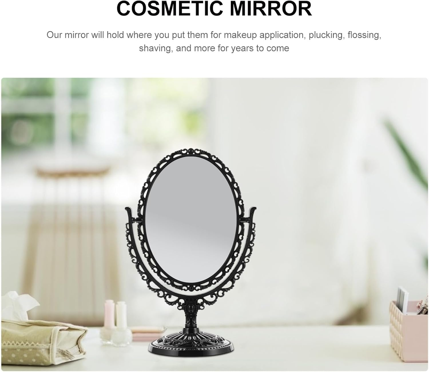 ULTECHNOVO Vintage Black Oval Double-Sided Makeup Mirror Swivel Base, Large Retro Metal Cosmetic Mirror for Vanity Desk and Dressing Table Use image number 6