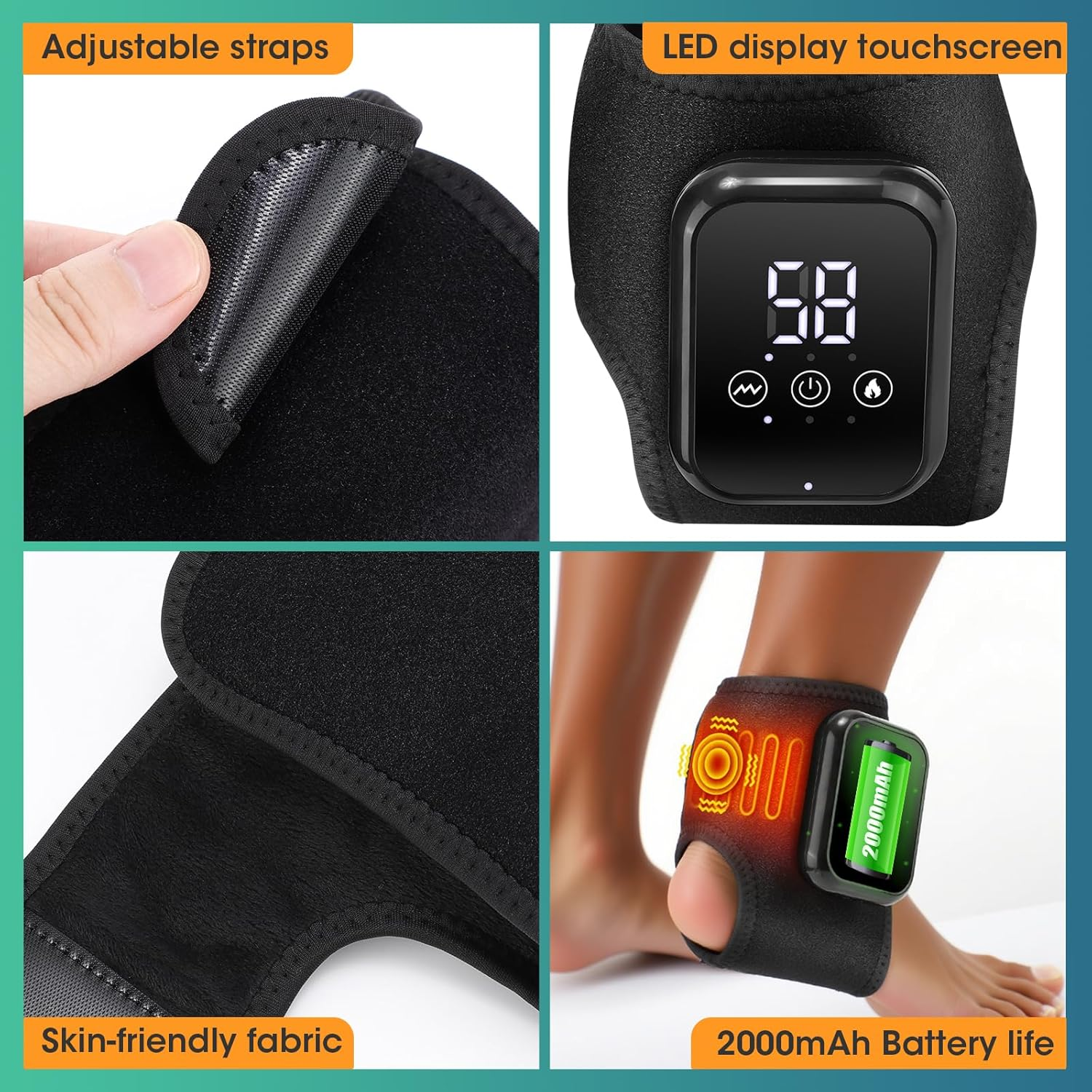 Heated Ankle Brace, Cordless Ankle Massager with 3 Heat Settings, Rechargeable Ankle Heating Pad with LCD Display, Heated Ankle Support for Left and Right Foot, 2 Pack image number 5