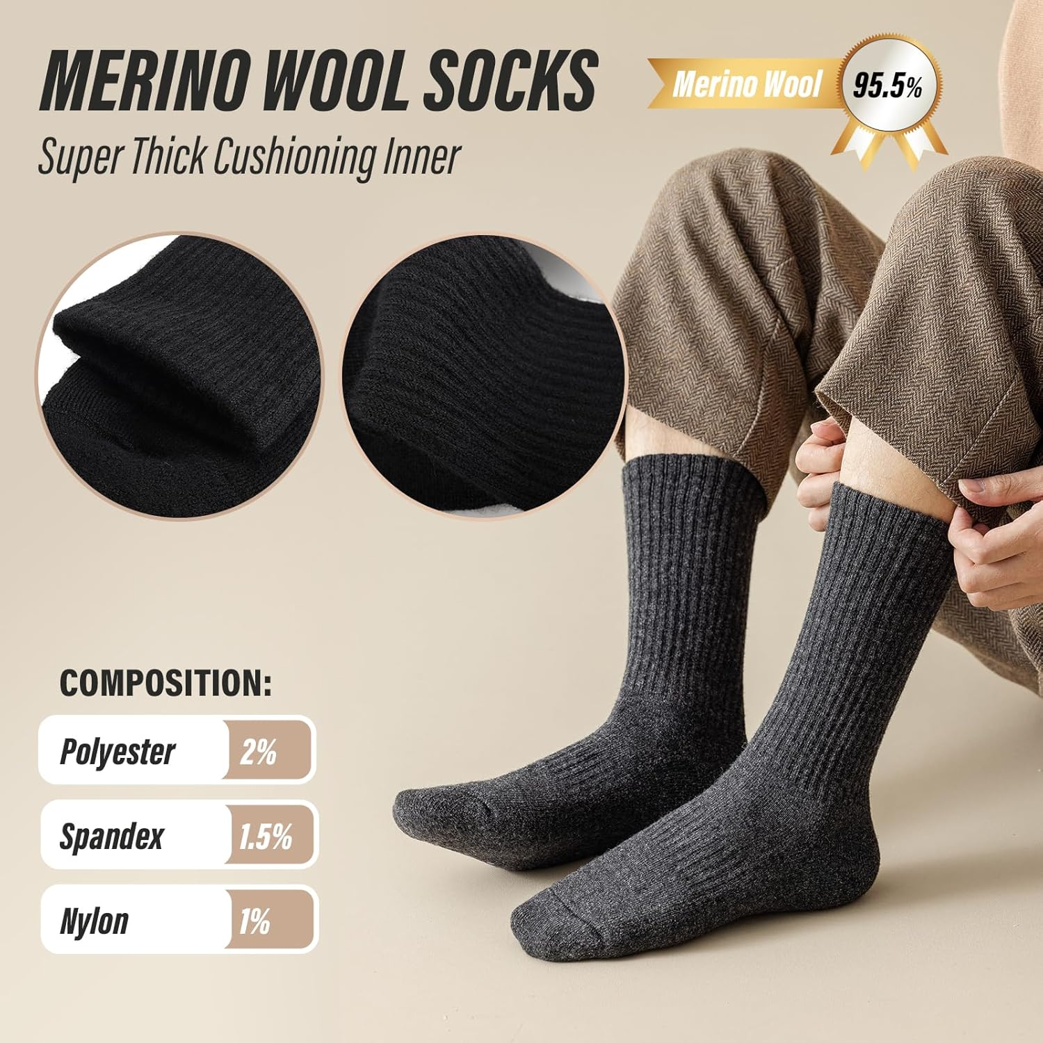 Viiotu Men'S Merino Wool Socks 3-Pack, 95.5% Merino Wool Warm Soft Breathable Moisture-Wicking Antibacterial Durable Merino Wool Socks Men Wool Socks - Black image number 4