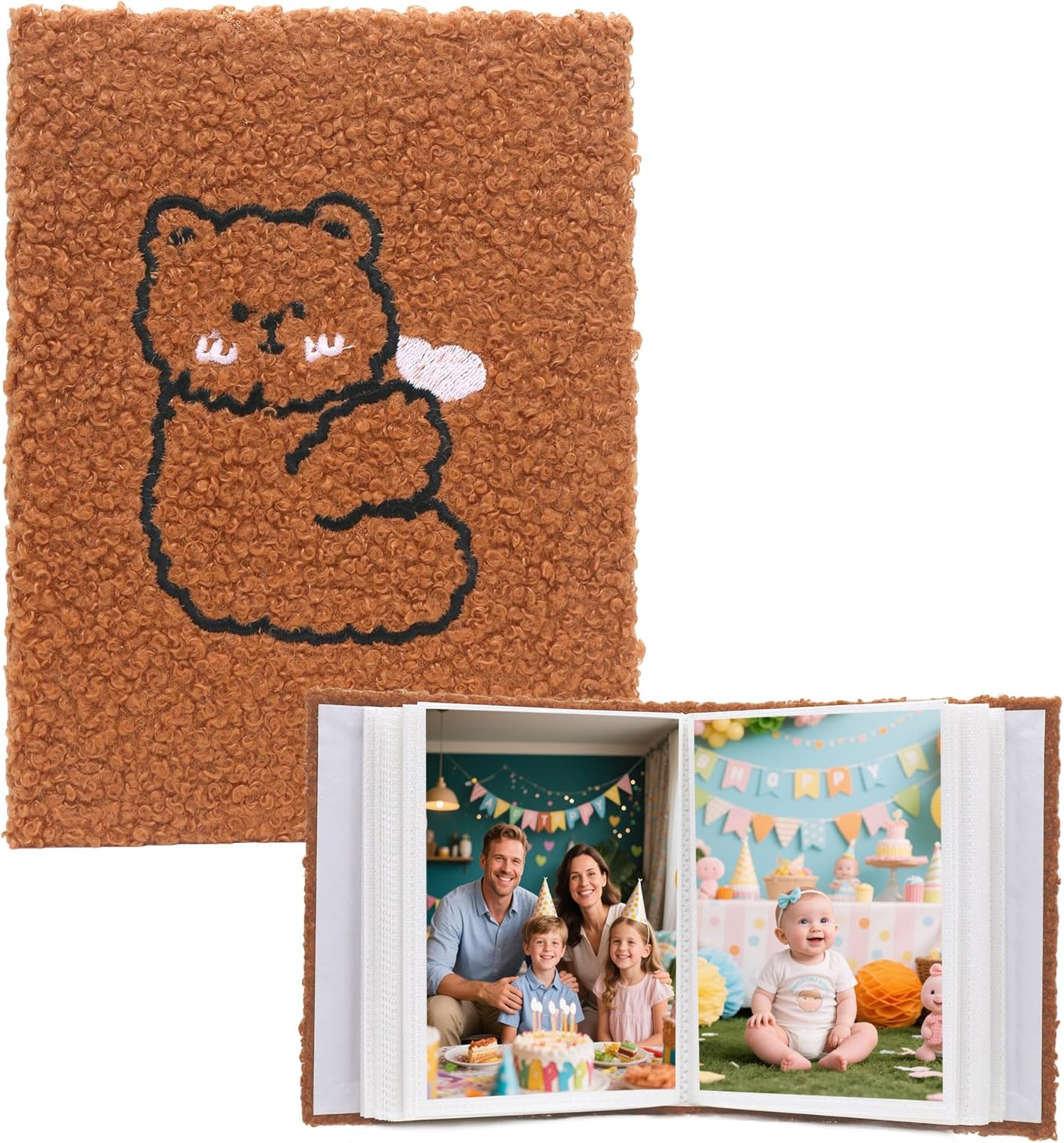 Photo Album 4X6-50 Pages Holds 100 Photos, Teddy Velvet Cover with Bear Embroidery for Wedding Kids Travel Family Baby Pictures (Bear Body) image number 1