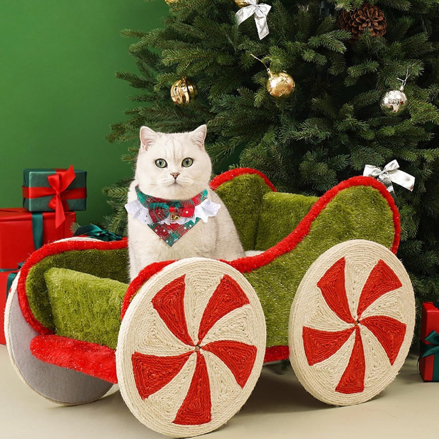 Adjustable Christmas Dog Cat Bandana Collar, Cotton Red Green Plaid Dog Cat Scarf Triangle Bibs Kerchief with Bow Tie Bell for Small Medium and Large Cats Dogs (Cw2073Lv, S) image number 2