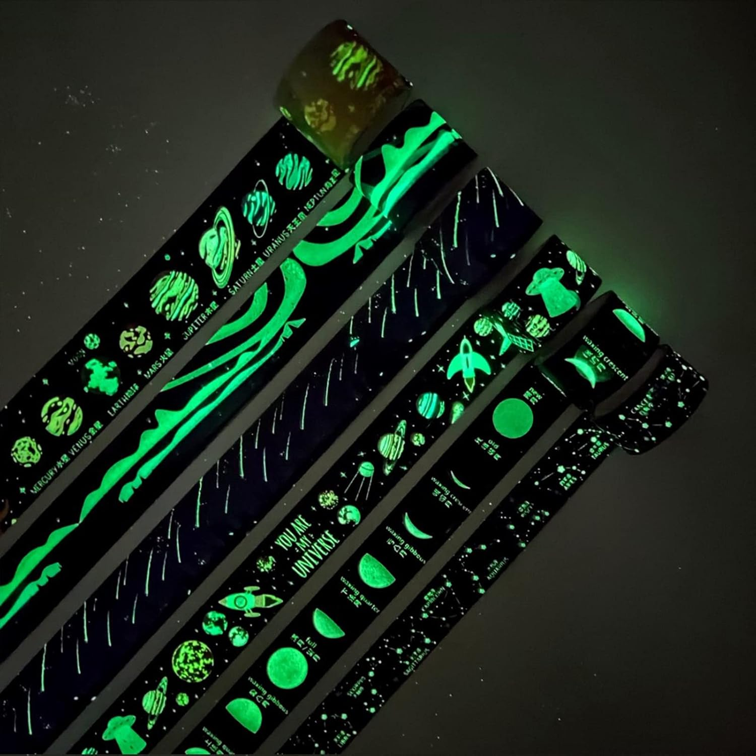 YUBBAEX Luminous Masking Tape, 6 Pcs Galaxy Fluorescent Tape Space Cute Design DIY Craft Journal Planner Scrapbooking Wrapping Present Decoration (Night Light Starry Sky) image number 4