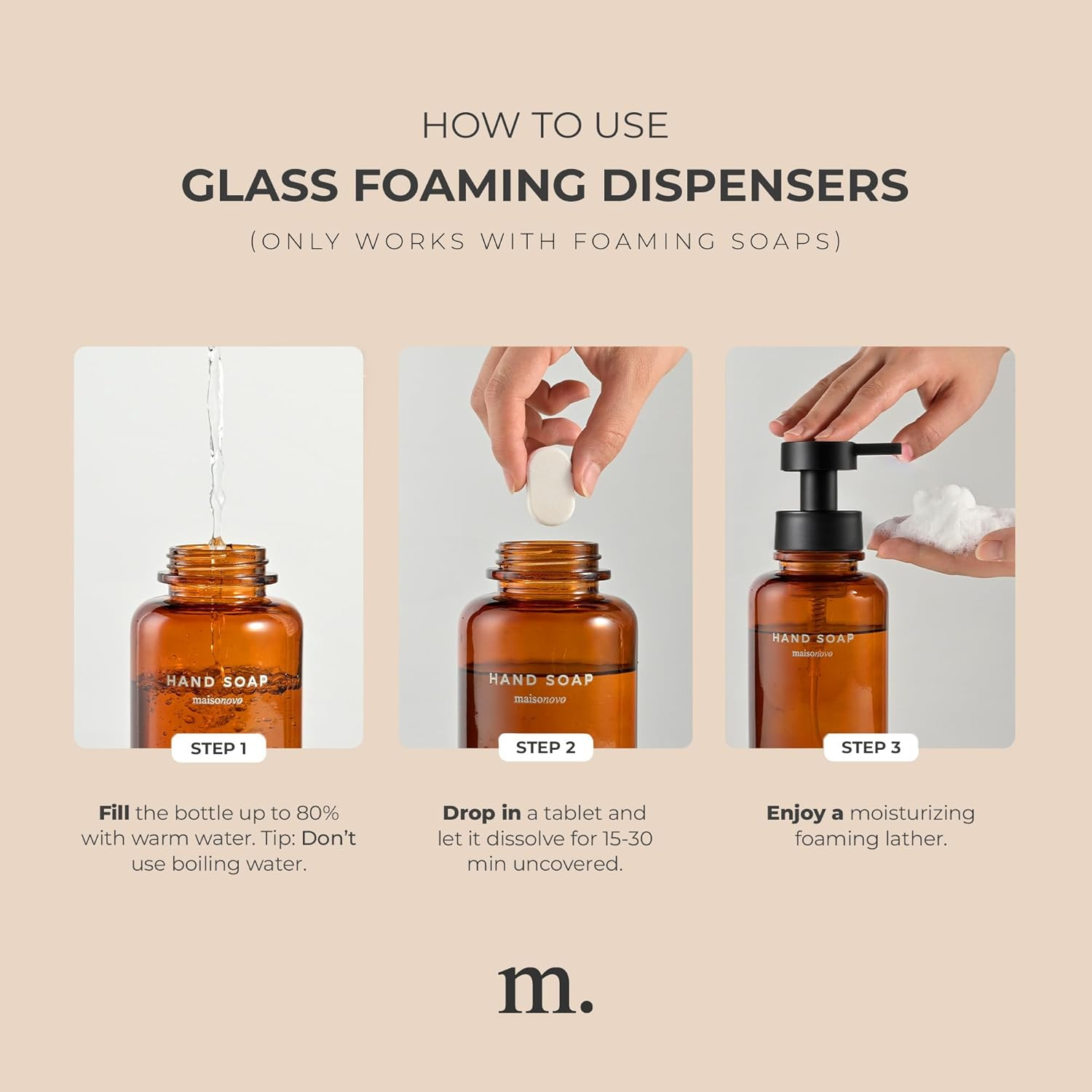 Maisonovo Glass Foaming Soap Dispenser 14 Oz | Amber Glass Black Pumps X 2 - Black Glass Plastic Pump X 2 image number 2