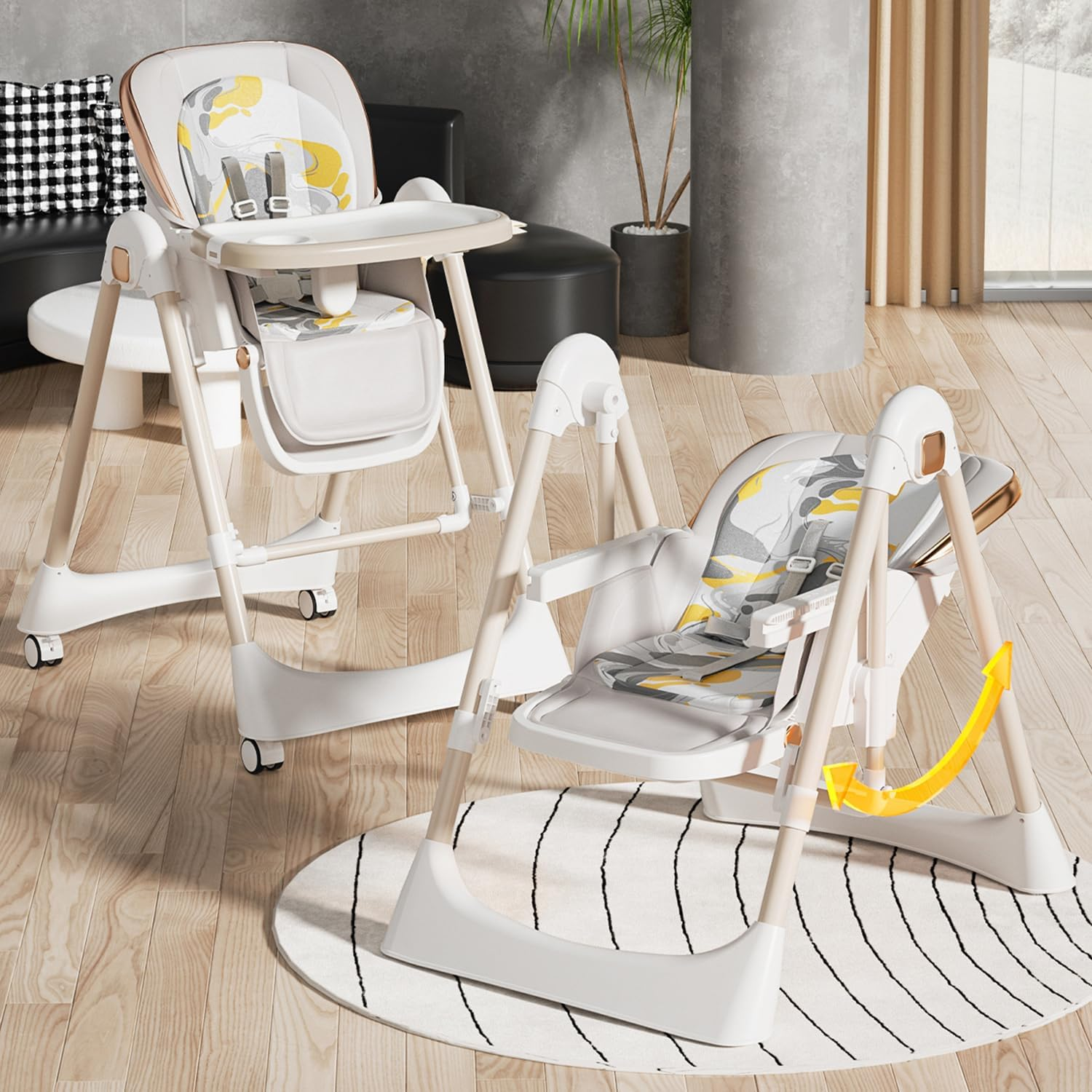 Baby High Chair & Toddler Chairs, Adjustable Baby Highchair with Recline, Wheels & Removable Tray, Convertible Feeding Chair & Baby Dining Chair for 6M~6Y(White) image number 5