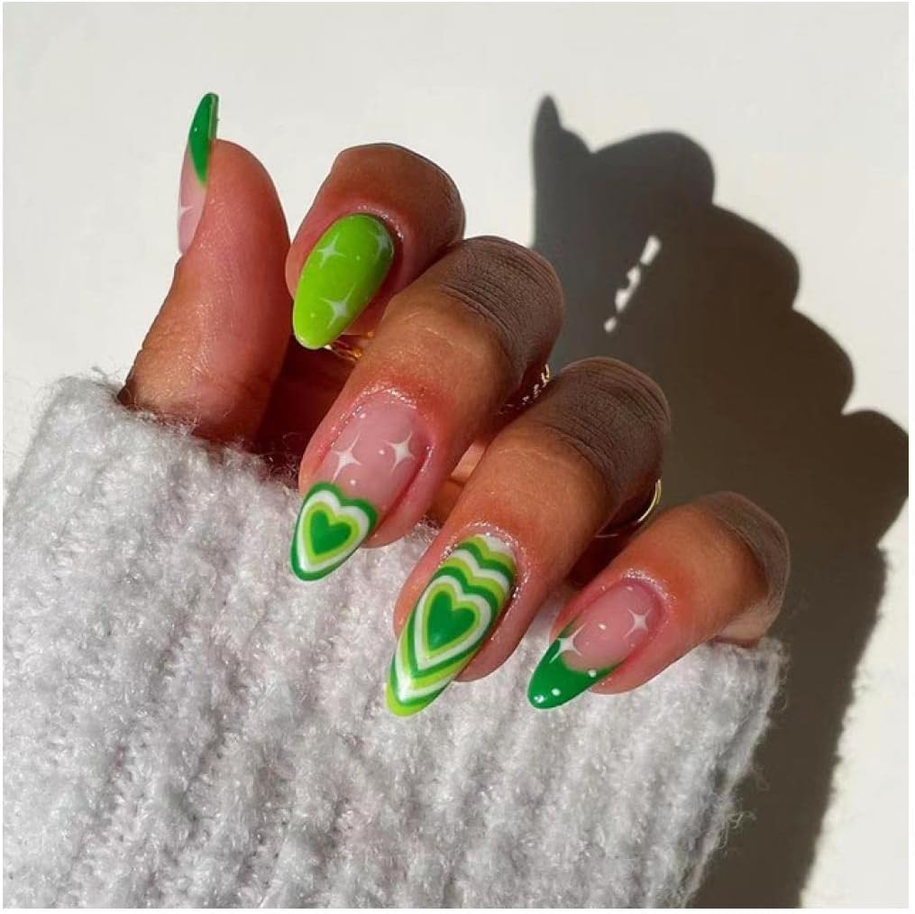 Fake Nail False Nails Full Cover Nail Tips Almond False Nails Short with Heart Gold Line Pearl Design Press on Nails Nail Tip Nail Charms Women False Nails