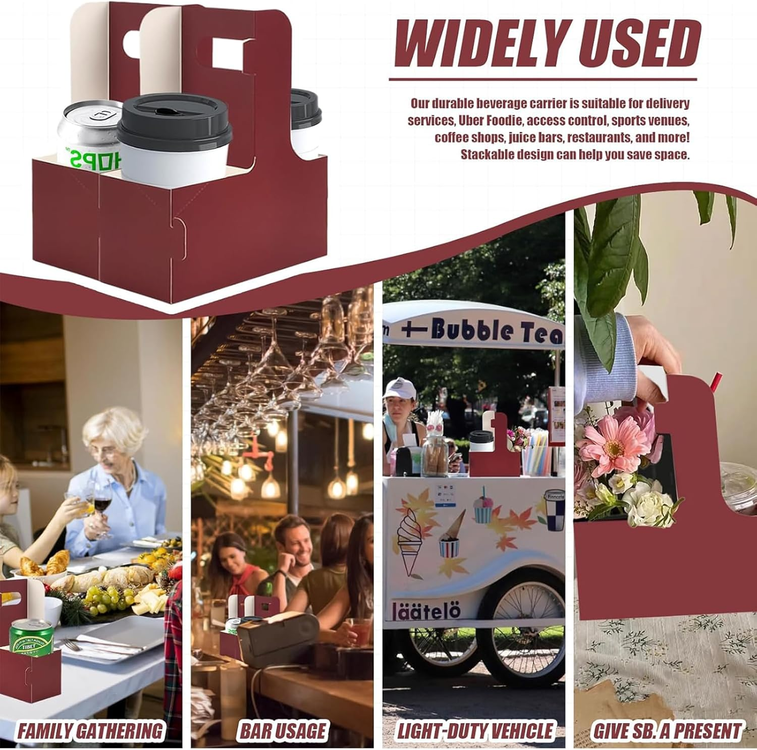 20 Paper Cup Holders, 2 Cardboard Cup Holders, Drink Carrier with Handle, Portable Foldable Cup Holder, Suitable for Hot or Cold Drinks, Coffee Carrier, Takeaway Cup Holder for Coffee and Drinks (Red) image number 3