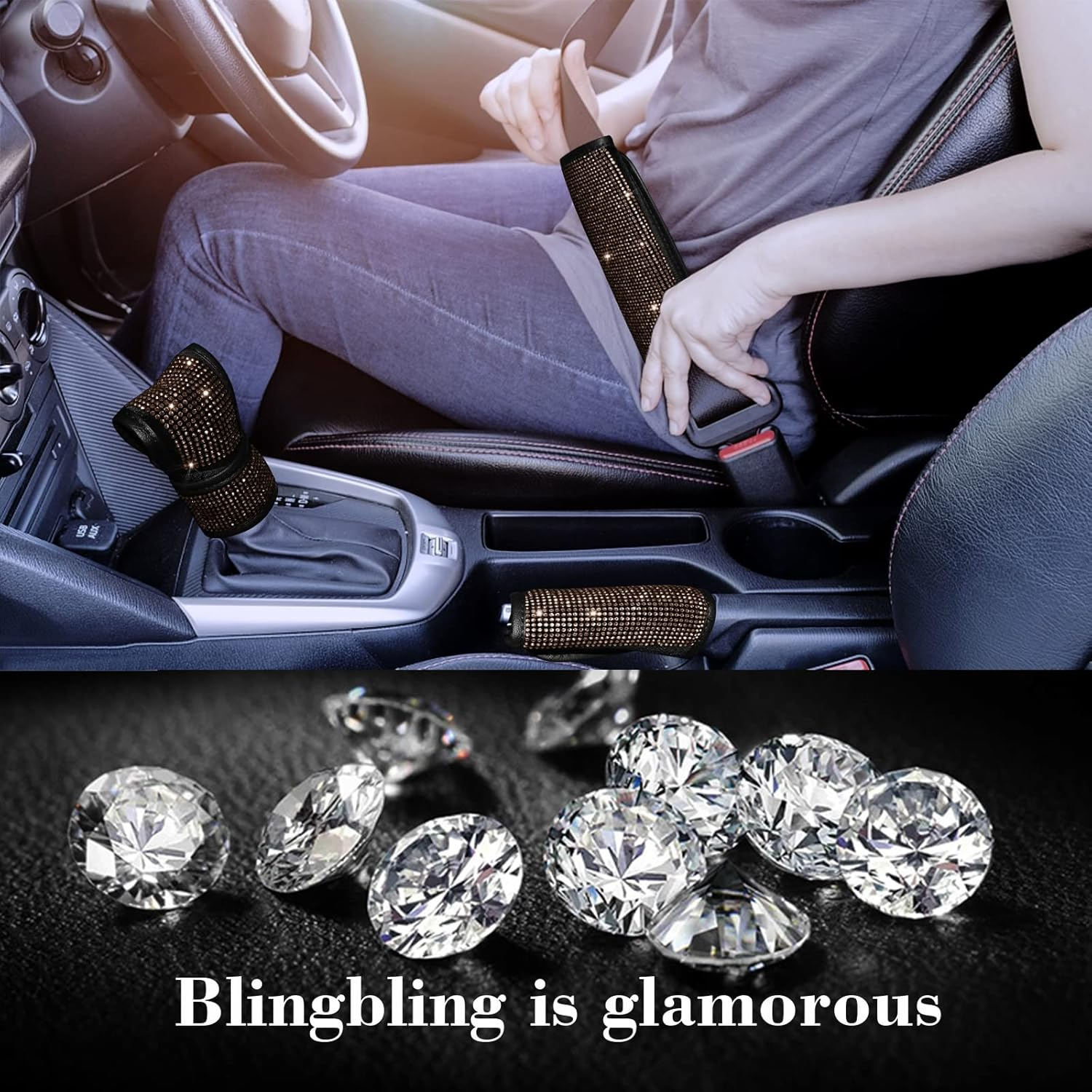 11 Pcs Bling Car Accessories Set,Bling Car Accessories Set for Women, Bling Steering Wheel Cover for Women Universal Fit 15 Inch, Rhinestone Center Console Cover(Ch Amp Ag Ne)