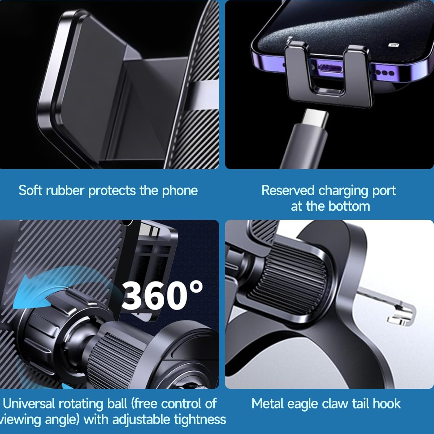 Car Vent Phone Holder with Strong Metal Hook, Triangle Stable Clip, 360&deg; Rotation & Anti-Slip Silicone, Fit for Dashboard Air Vents, Compatible with 4" - 7" Smartphones (Black) image number 2
