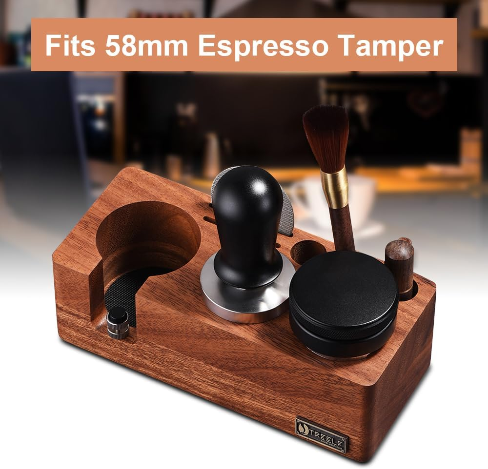 Walnut Espresso Tamping Station for 58Mm Espresso Machine Portafilter Stand Base Adjustable Height 3-In-1 Coffee Tamper Station Organizer Distributer and Portafilter Holder for Countertop Brown 58Mm image number 4