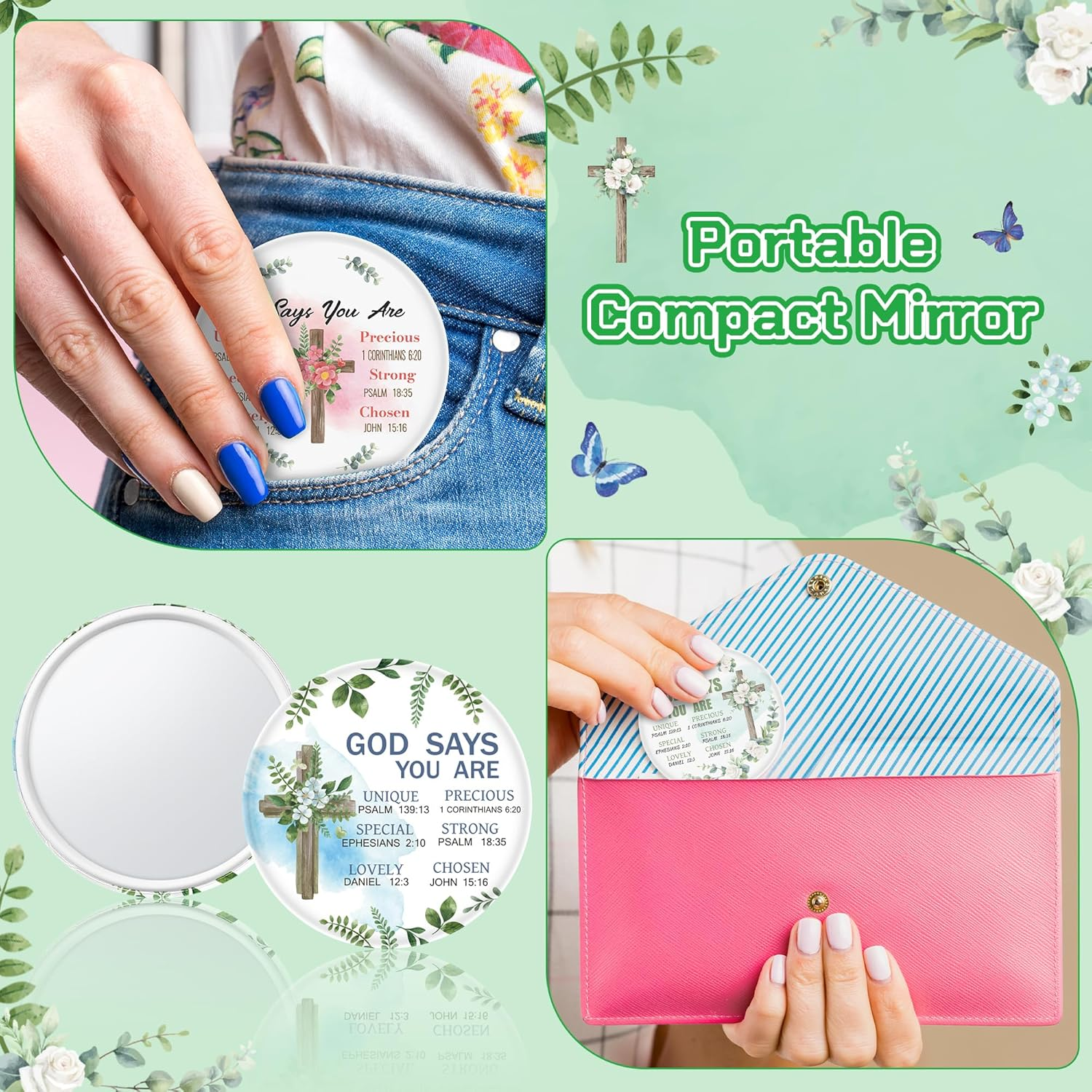 Y1Tvei Christian Gifts Compact Mirror - 72Pcs Flower Cross God Say You Are Bible Verse Mini Compact Mirrors Inspirational Portable Pocket Makeup Mirror for Church Party Favors for Women Mothers&rsquo; Day image number 2