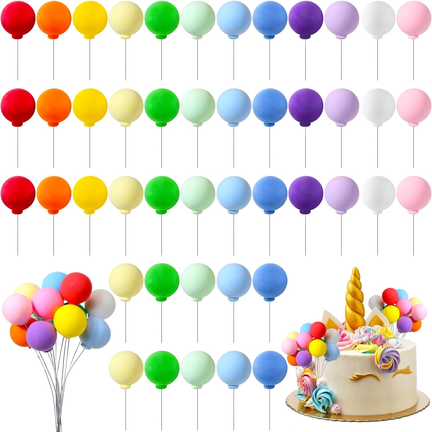 Sieral 60 Pcs Mini Balloon Cake Toppers Rainbow round Balls Cupcake Toppers for Birthday Baby Shower Wedding Party Decorations, 12 Colors
