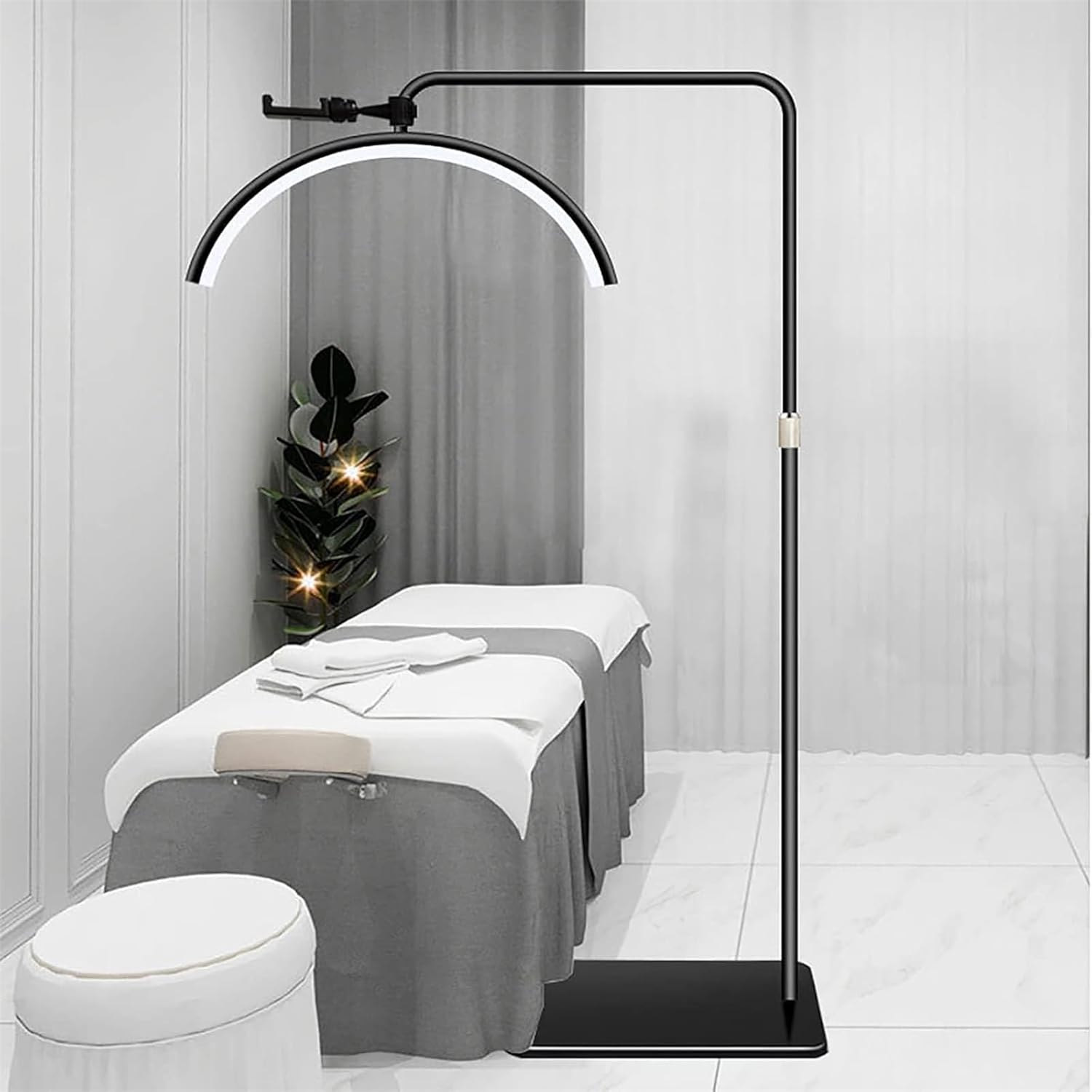 Beauty Half Moon Light Floor Fill Lamp LED Stand Lash Light Rotatable Height Adjustable 135-185Cm, Brightness Adjustable 3200K-5600K with Phone Holder 37.5X44.5X185Cm Black image number 2