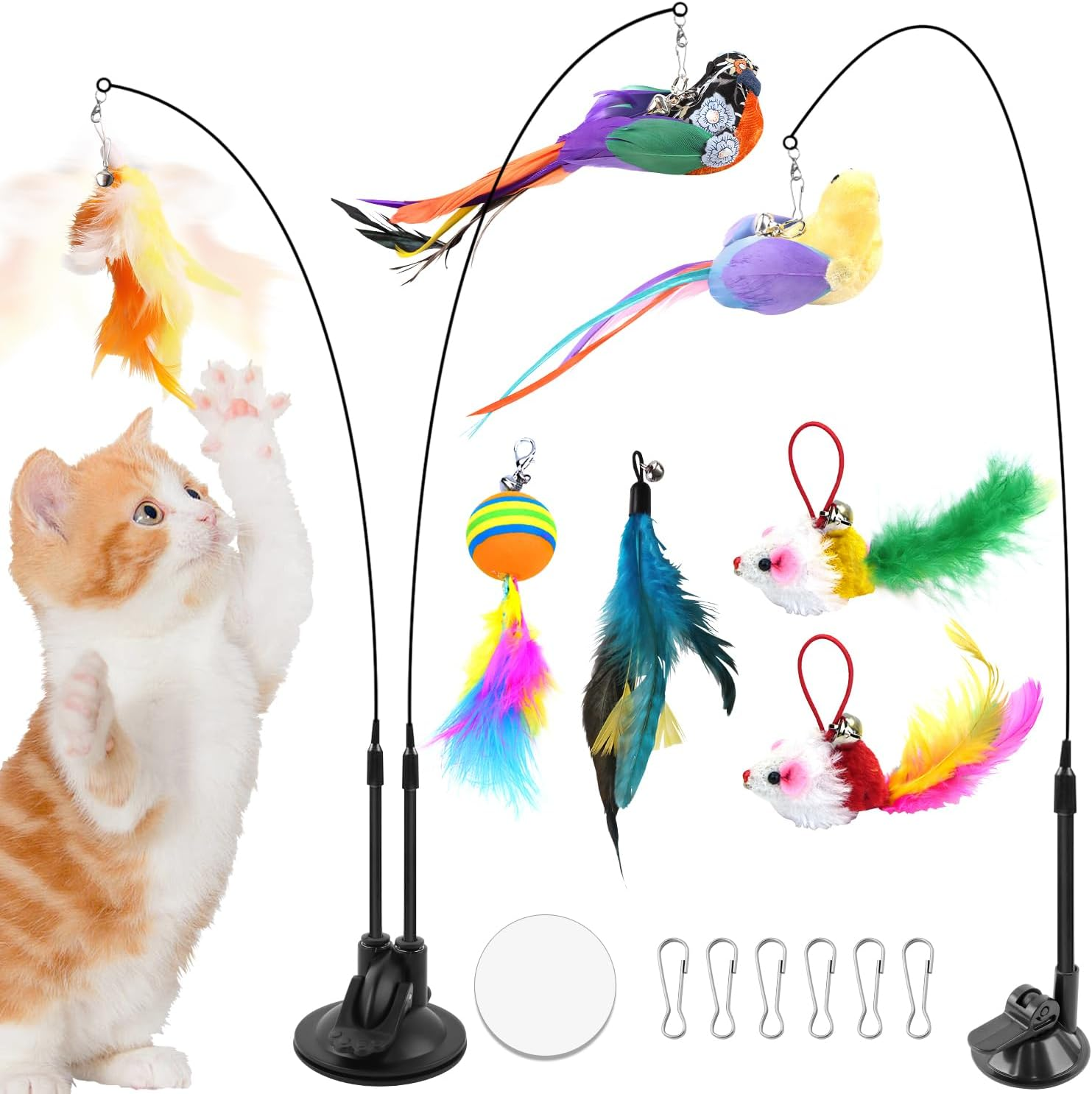 ENUTROF Interactive Cat Toy, Self-Employment Feather, Pack of 12, Cat Toy, Cat Feather, Toy with Suction Cup, Bird Cat Wand for Small Large Cats