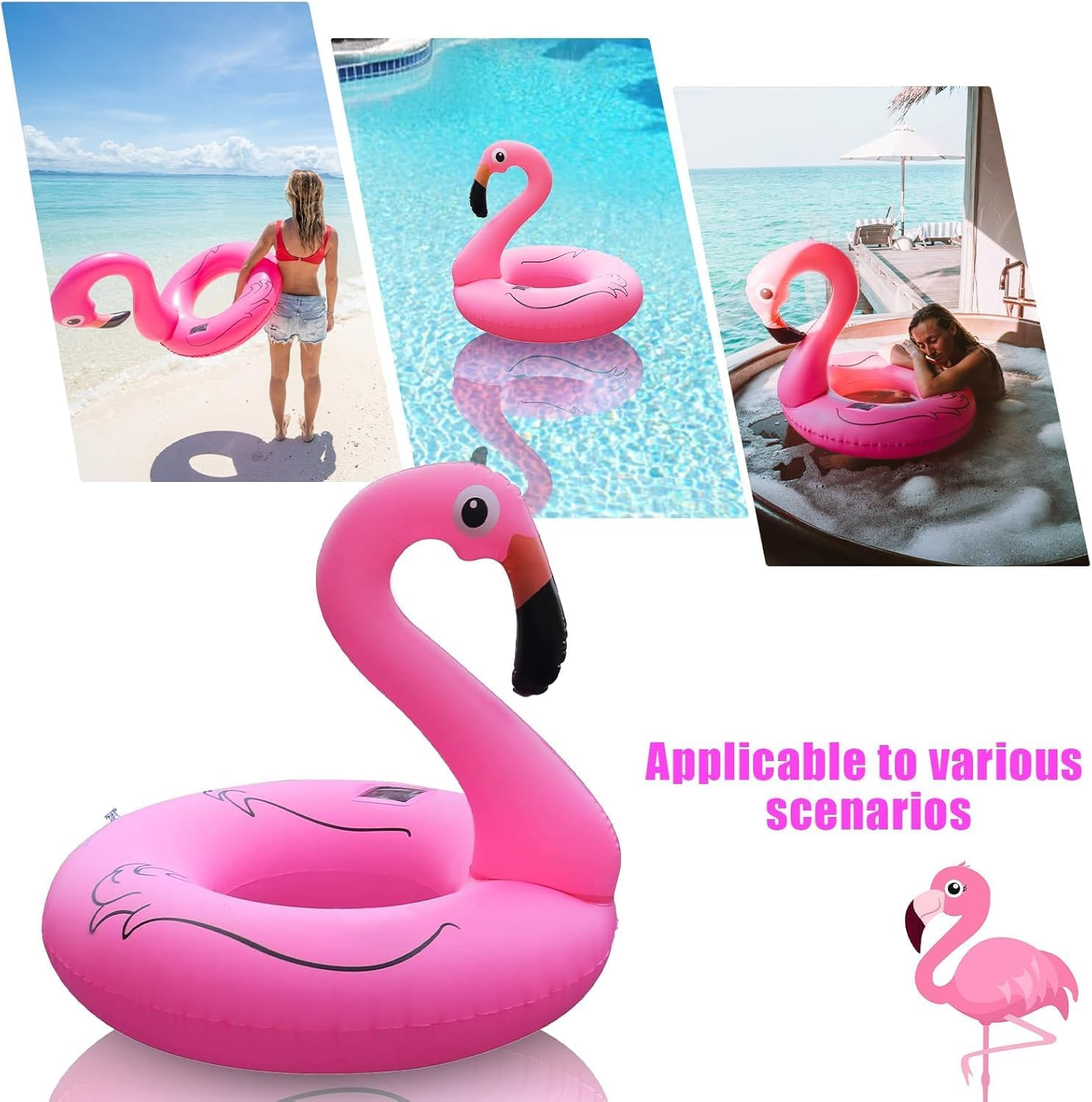 Tepoal Inflatable Flamingo Pool Floats with Lights, Solar Powered Flamingo Swimming Pool Tubes